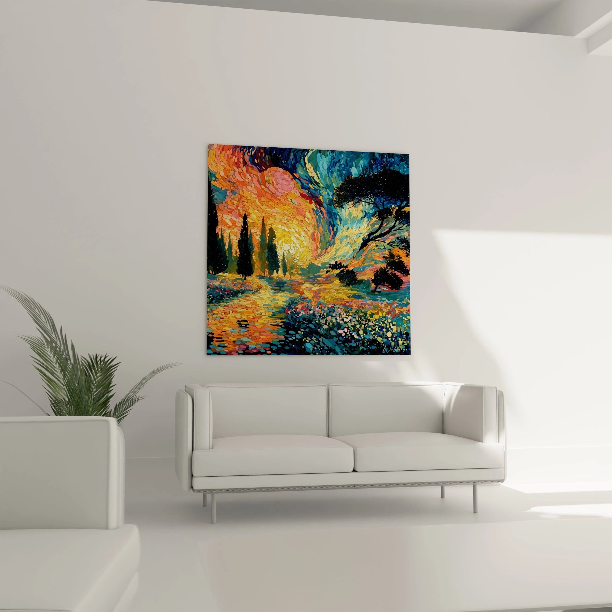 Tableau mural Walensky montrant un tableau paysage pointillisme coloré accroché au dessus d un canapé blanc dans un salon lumineux