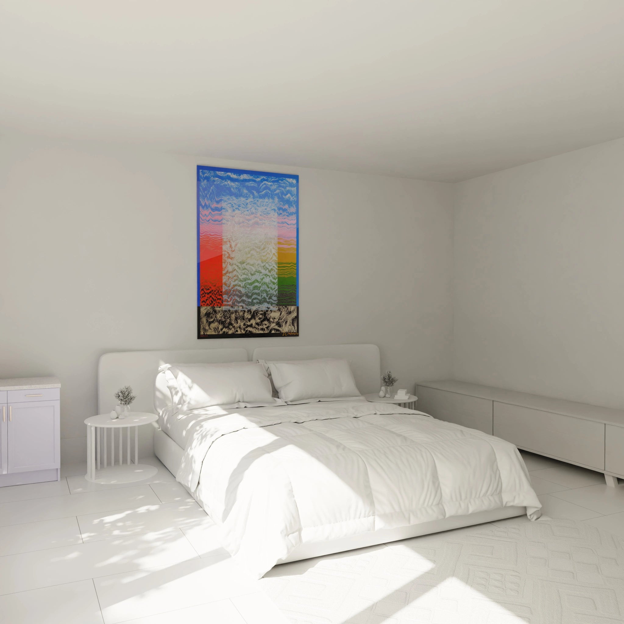 Chambre blanche minimaliste avec tableau op art paysage coloré Walensky accroché au dessus du lit double