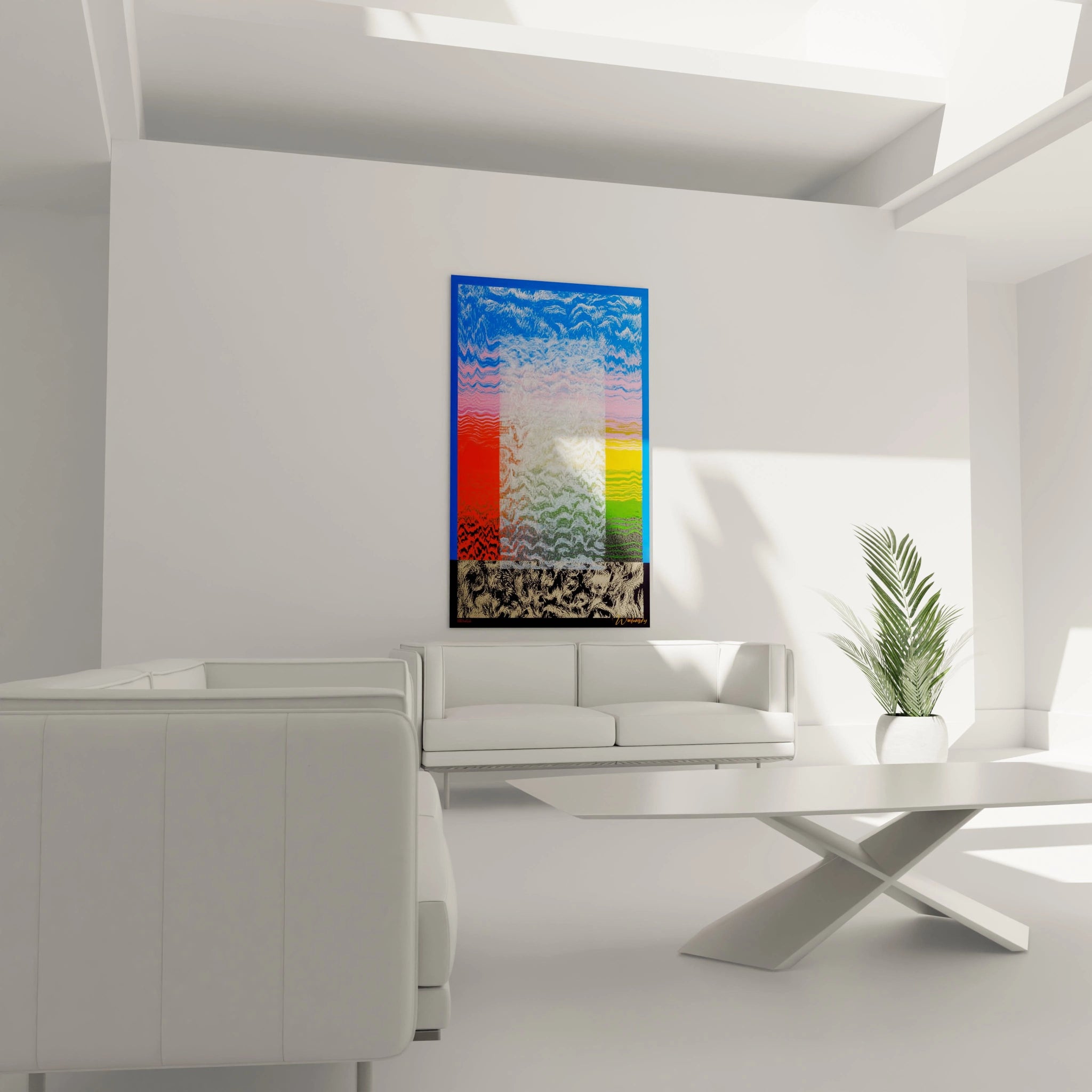 tableau op art paysage mural coloré Walensky accroché dans un salon blanc minimaliste avec formes ondulées bleu rouge vert jaune