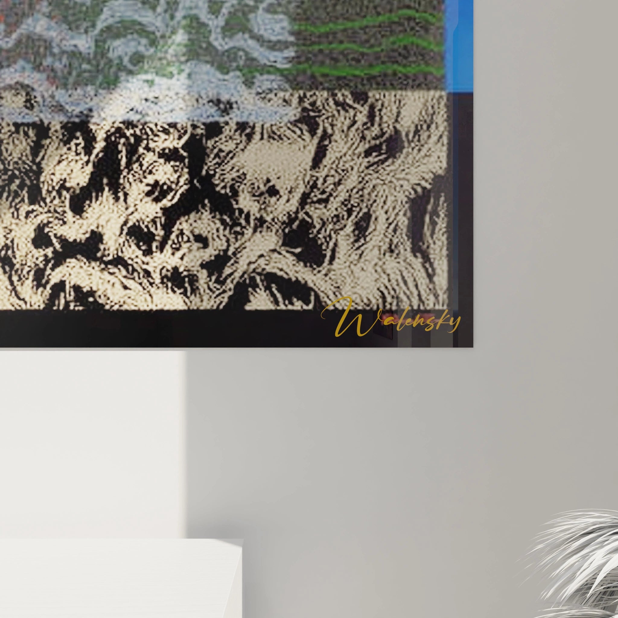 Tableau mural abstrait signe Walensky montrant textures organiques et contrastes sombres en deco moderne tableau op art paysage