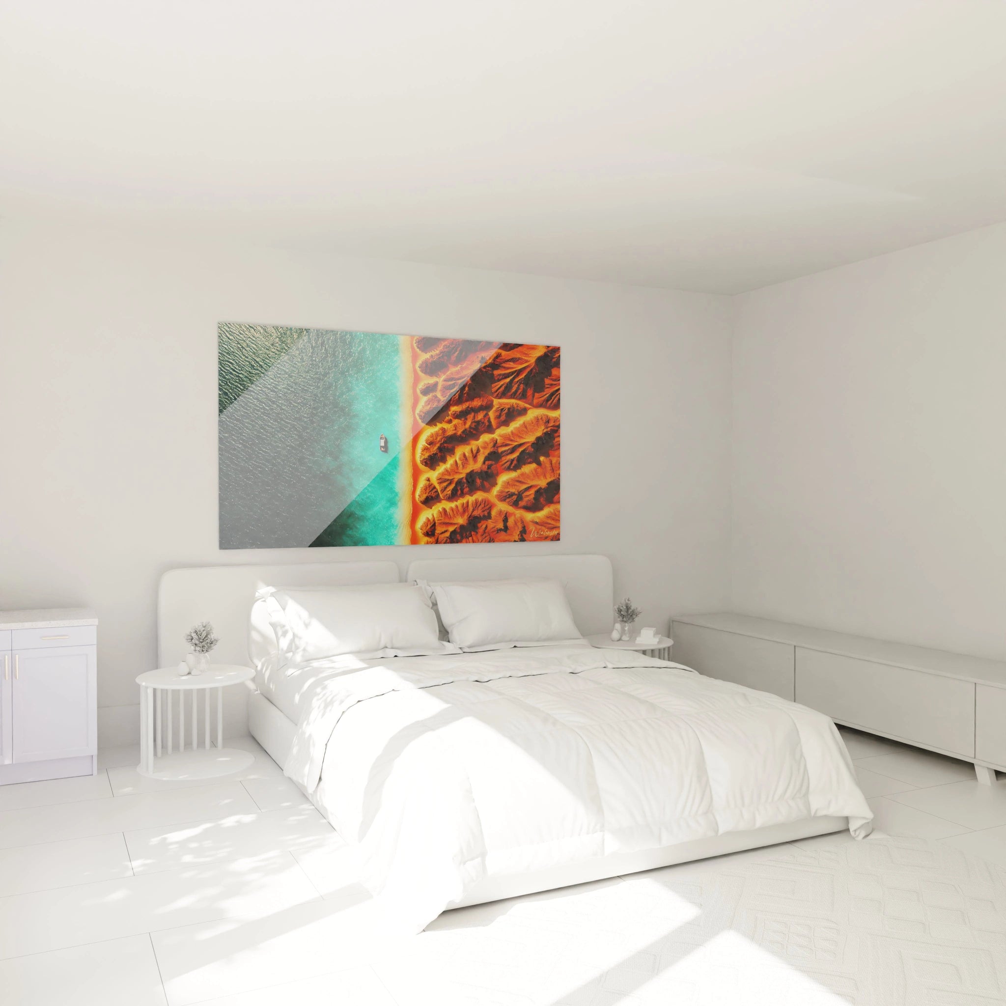 Dans cette chambre ce tableau paysage idyllique ajoute une ambiance sereine au-dessus du lit Ses teintes orange et bleu immersent la piece dans une harmonie contrastante et captivante