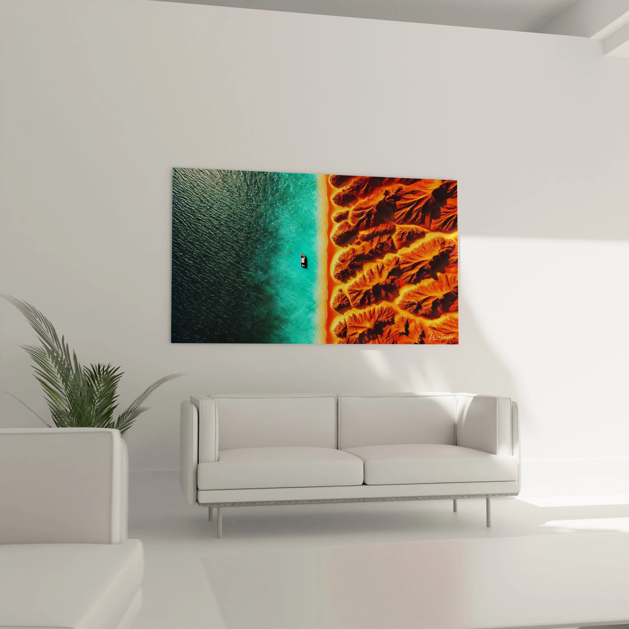 Au-dessus du canapé ce tableau paysage idyllique capture une coexistence intense entre terre et mer Un chef-d'oeuvre contemporain qui equilibre puissance et serenite dans votre salon