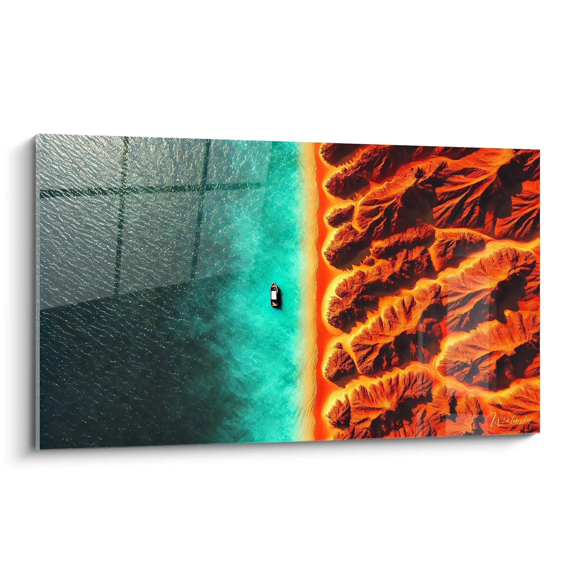 Vue de biais de ce tableau paysage idyllique montrant le contraste entre la plage orange et la mer bleue profonde Un jeu d'equilibre entre serenite et intensite en pleine harmonie naturelle