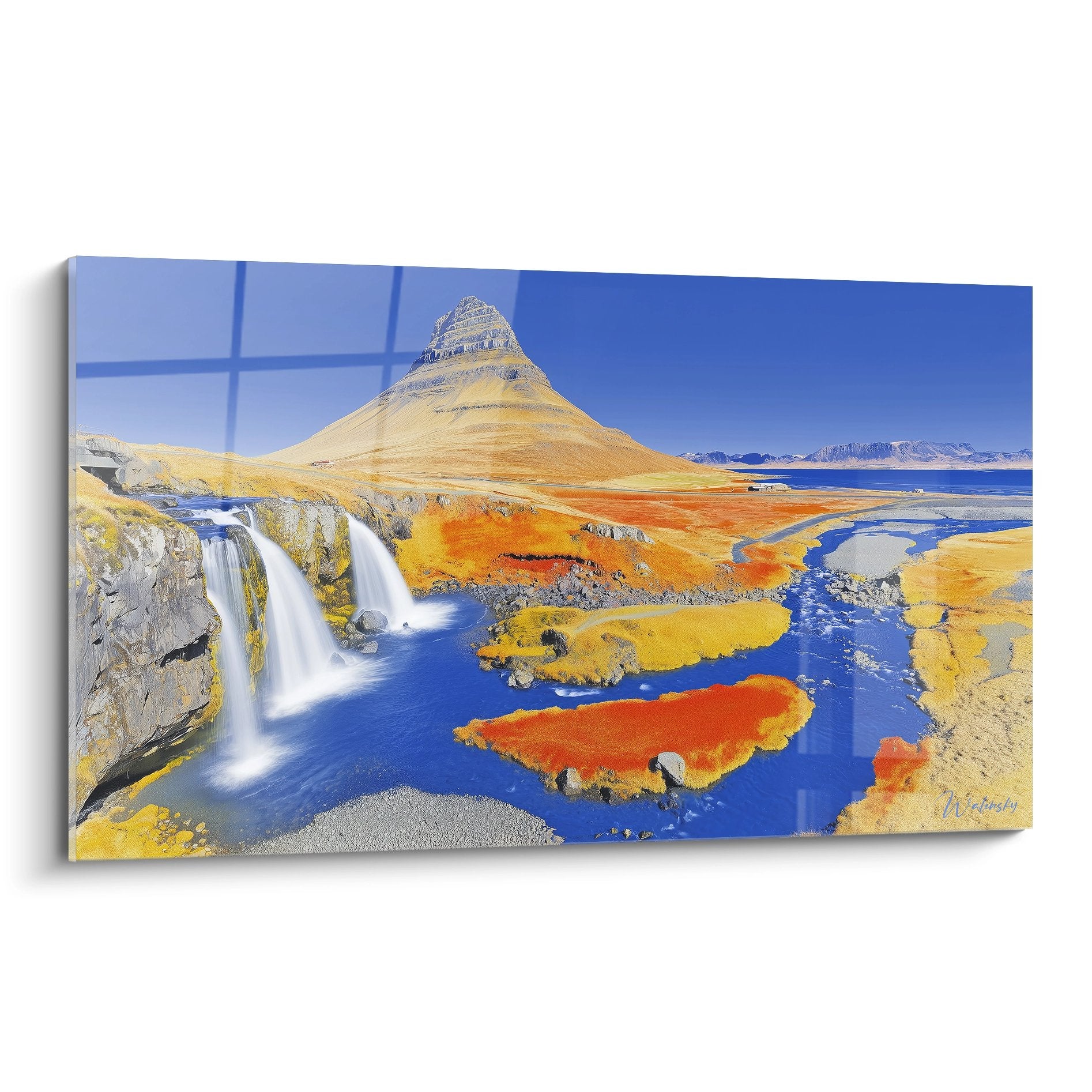 Tableau mural paysage islandais Kirkjufell avec cascades et couleurs vibrantes dorées et bleues sur toile