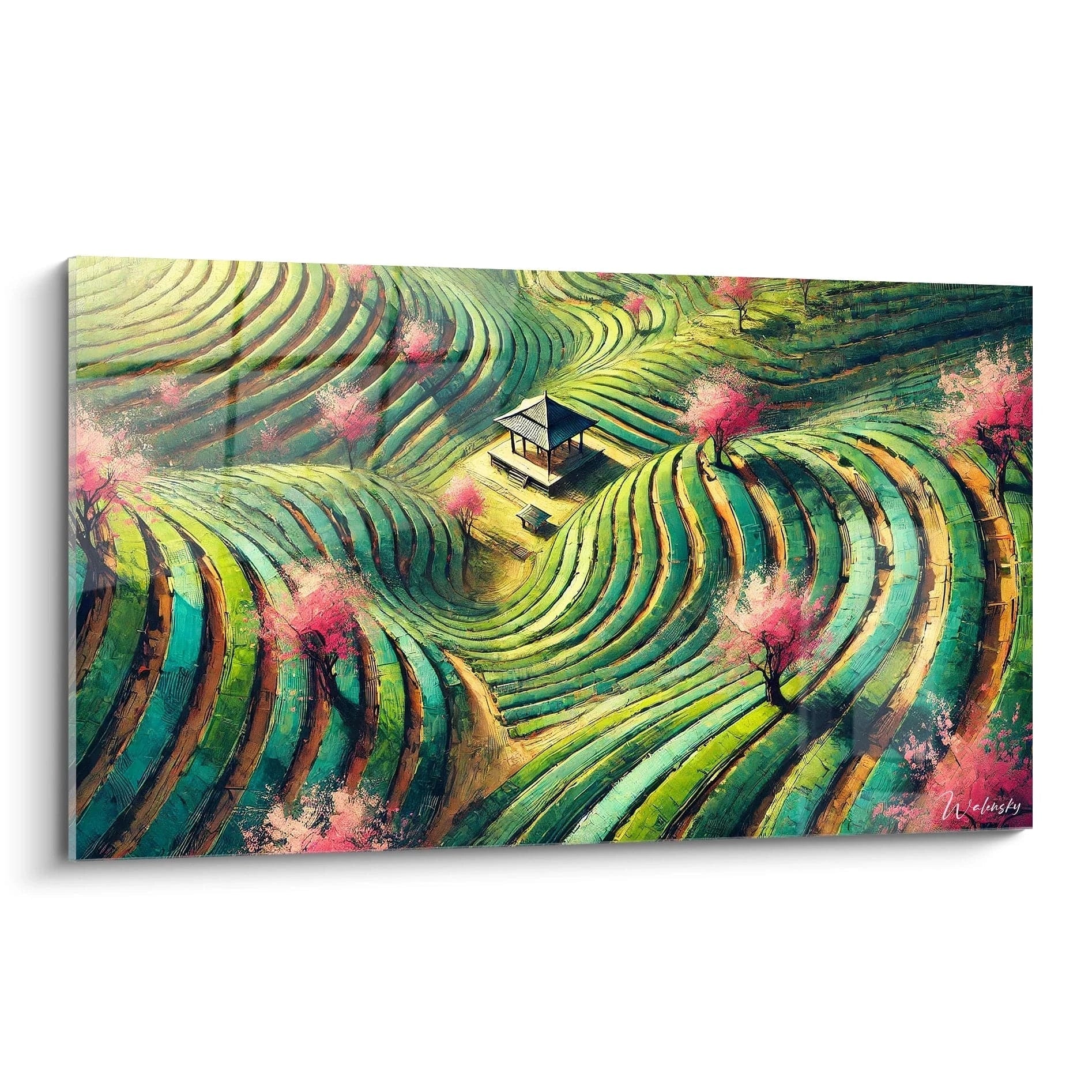 tableau paysage japonais vert et rose rizières en terrasses lumière douce pavillon au centre cerisiers en fleurs équilibre parfait