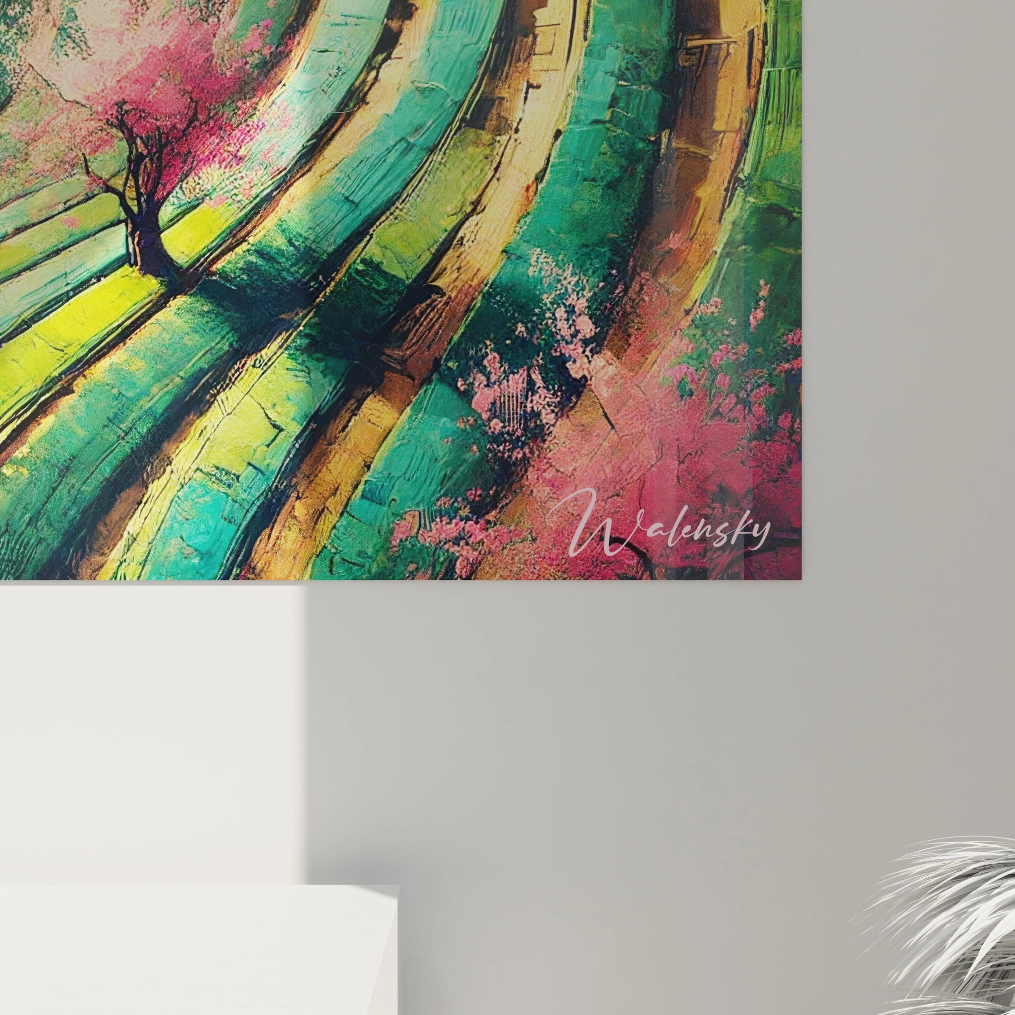 tableau paysage japonais vue de près texture impressionniste relief des terrasses verts vibrants cerisiers roses lumière douce