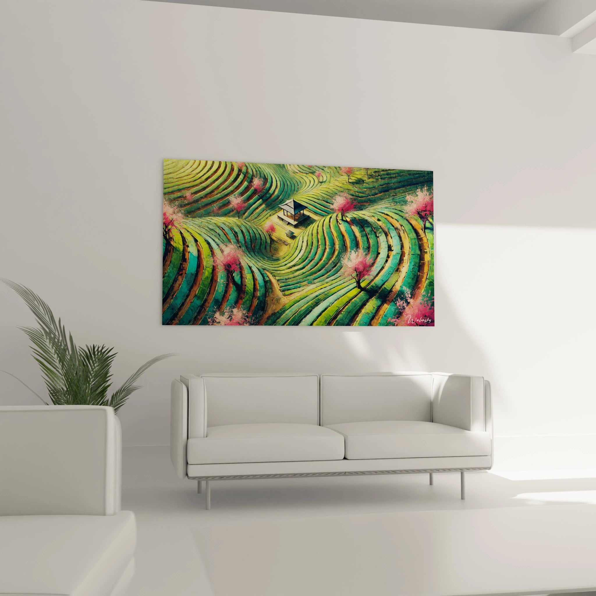 tableau paysage japonais au-dessus d'un canapé rizières dynamiques pavillon zen teintes vert et rose lumière apaisante touche florale