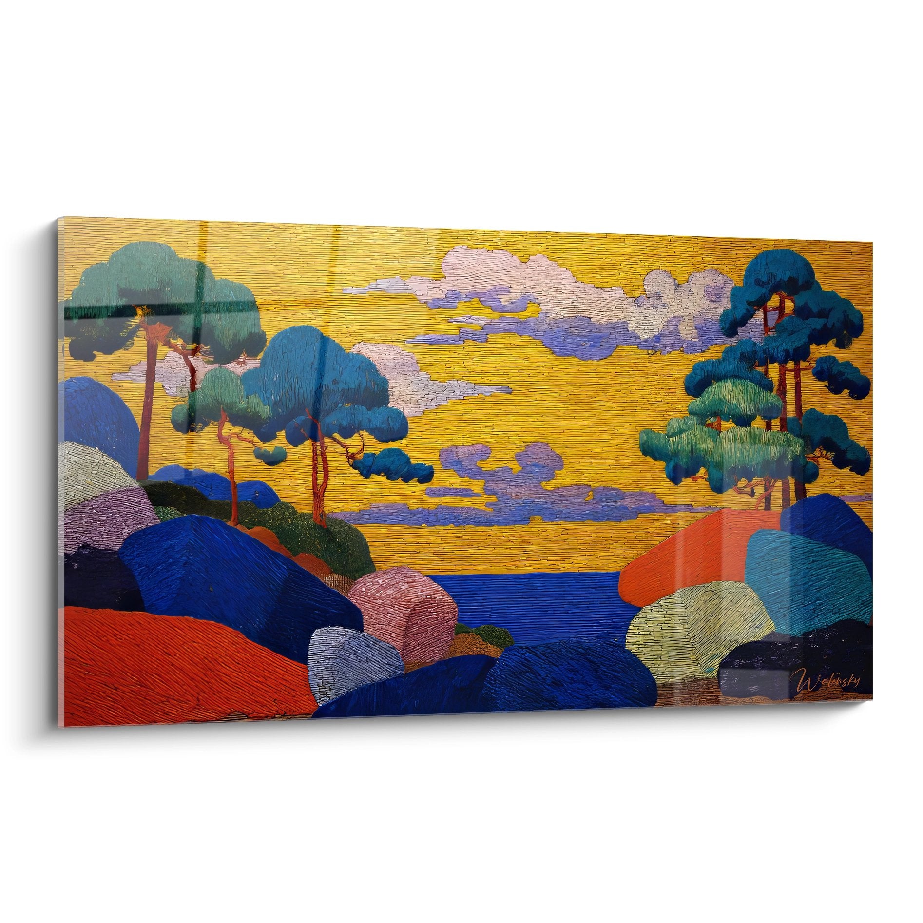 Tableau mural paysage japonisant avec pins stylisés, montagnes colorées et ciel doré strié