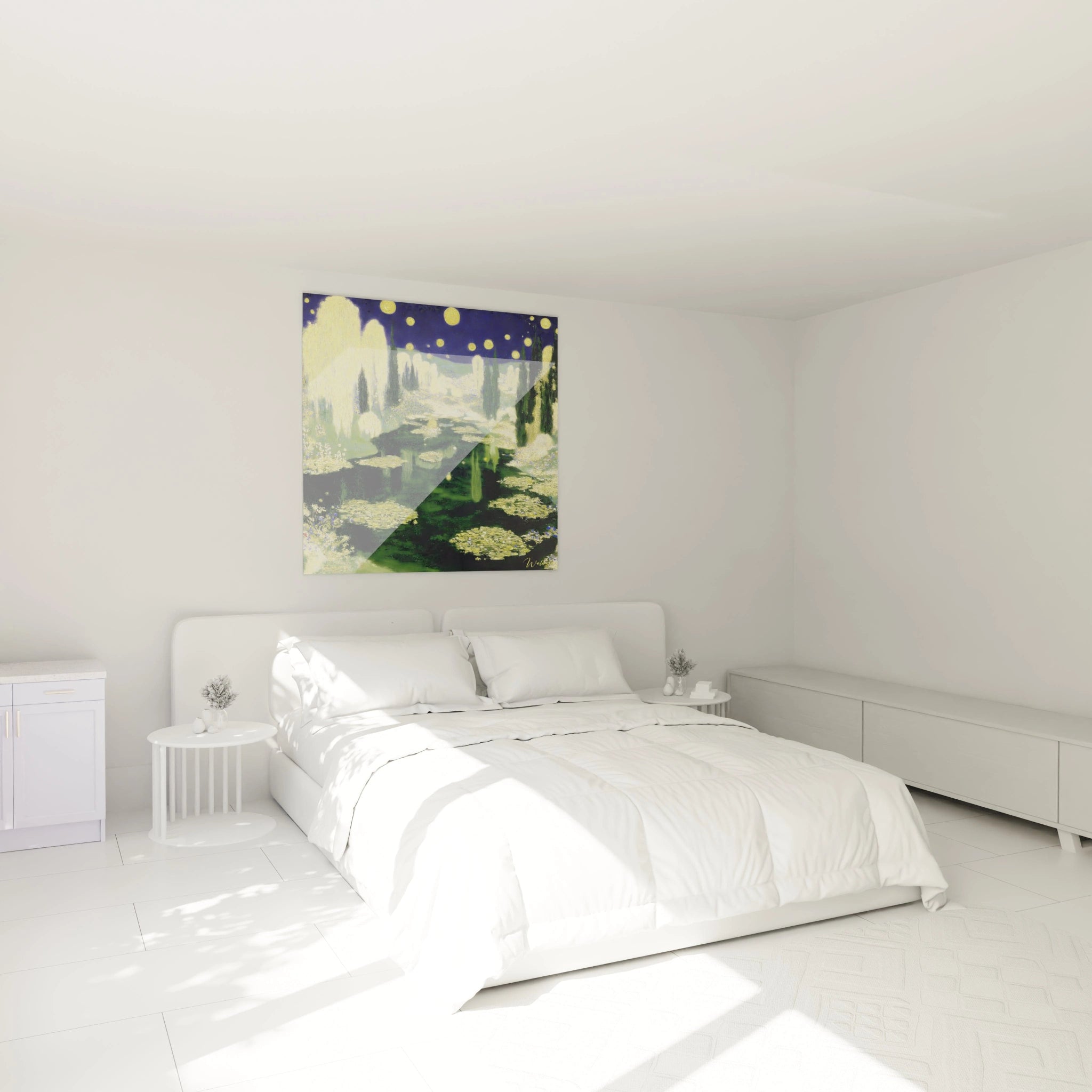 Tableau mural Walensky accroche au dessus d un lit dans une chambre blanche minimaliste tableau paysage jardin symboliste