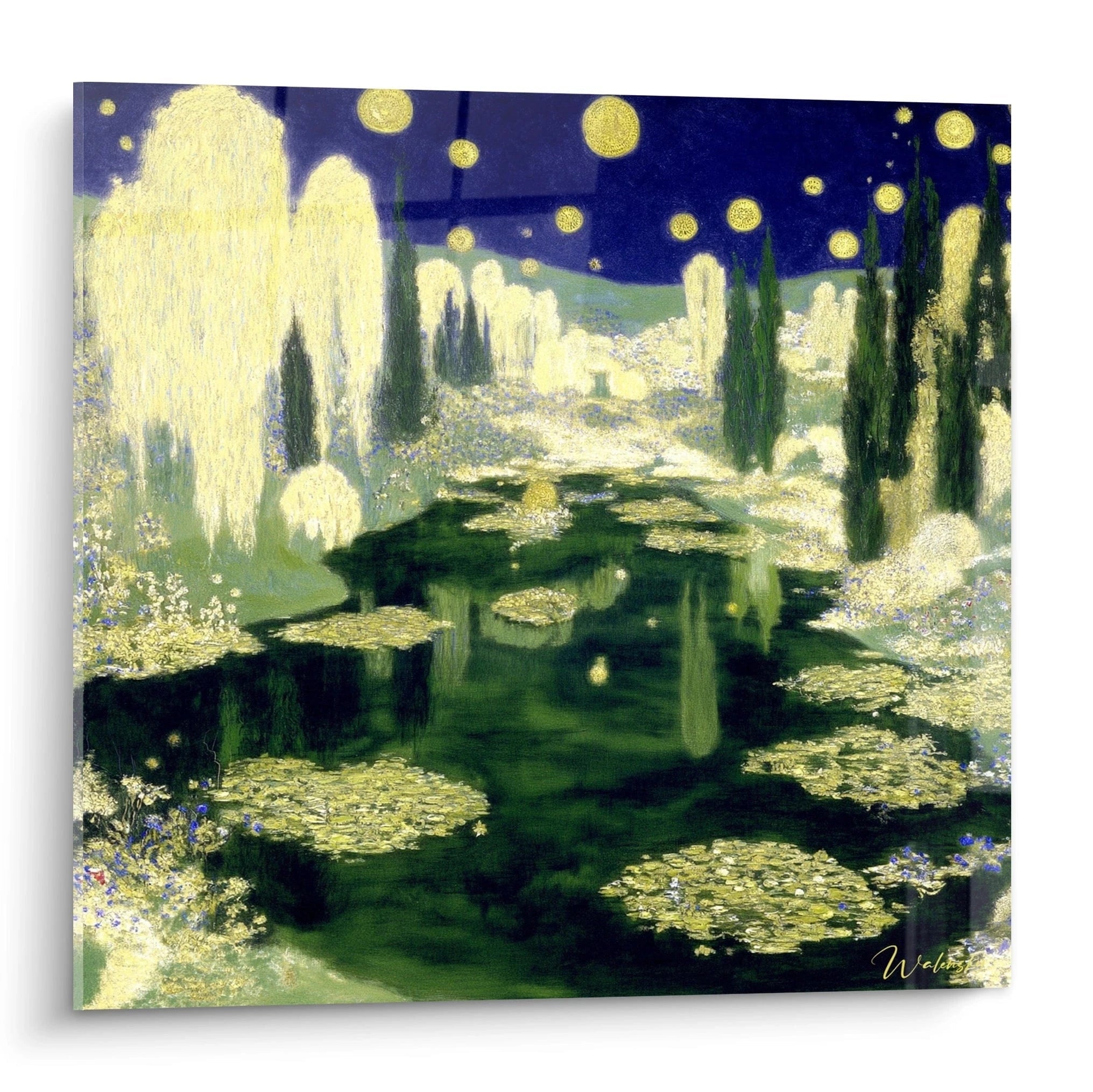 tableau paysage jardin symboliste par Walensky montrant etang nocturne nenuphars saules pleureurs et cypreres et ciel etoile
