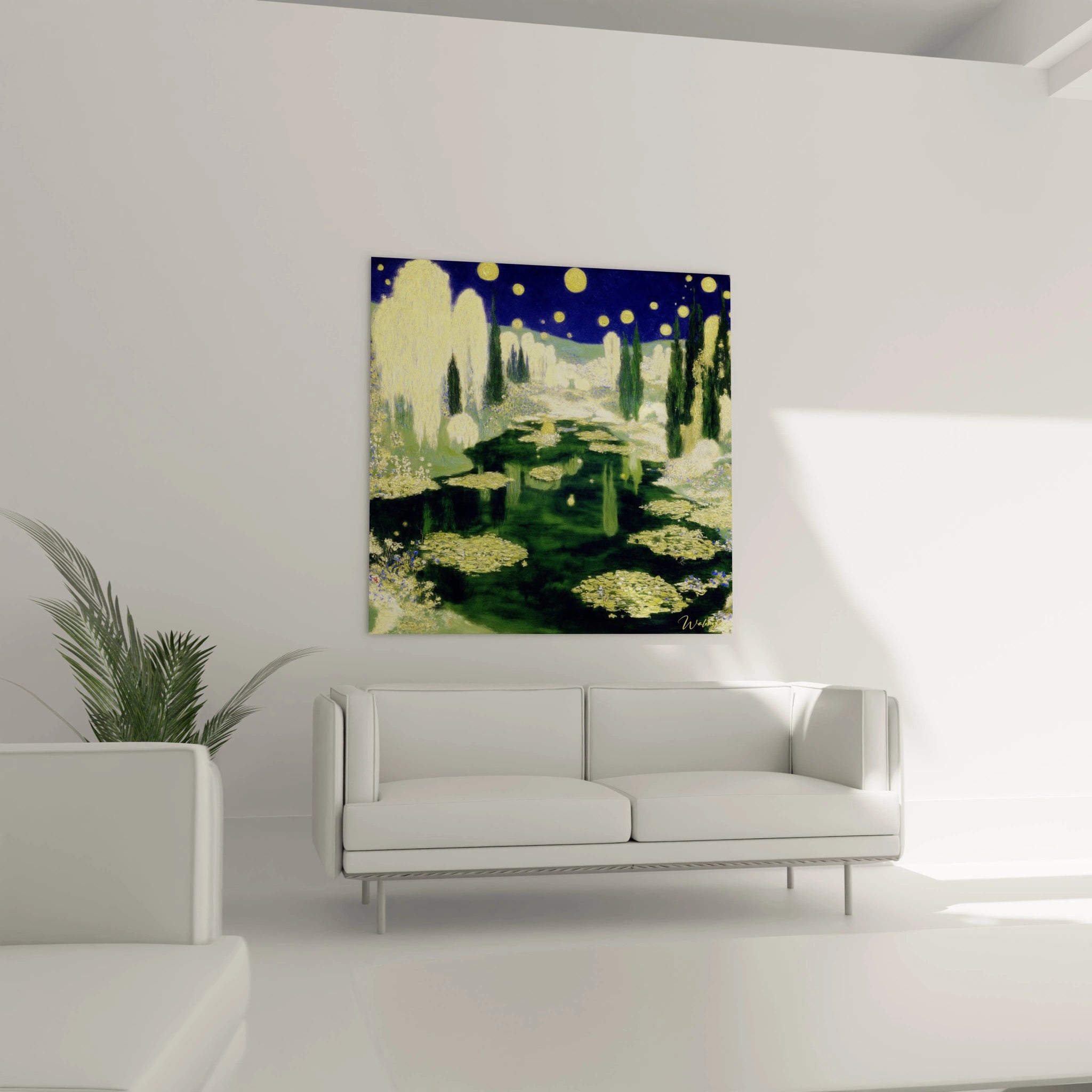 Walensky tableau paysage jardin symboliste vert et bleu représentant nénuphars et cyprès au dessus d un canapé blanc