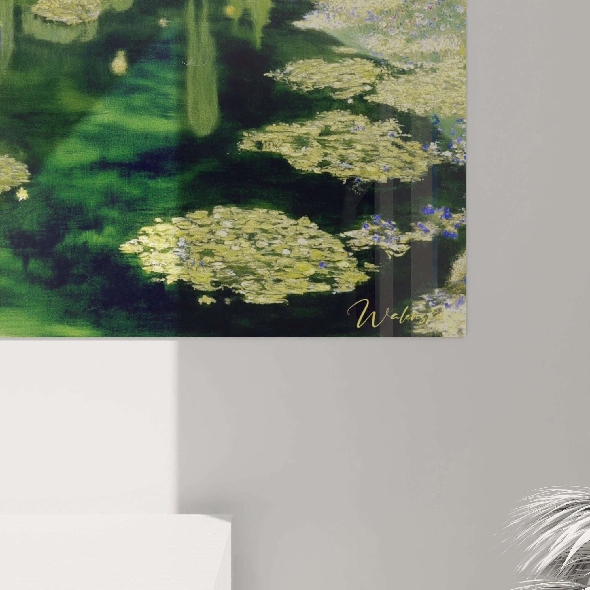 tableau paysage jardin symboliste Walensky panneau mural nénuphars verts reflets de l eau pour salon