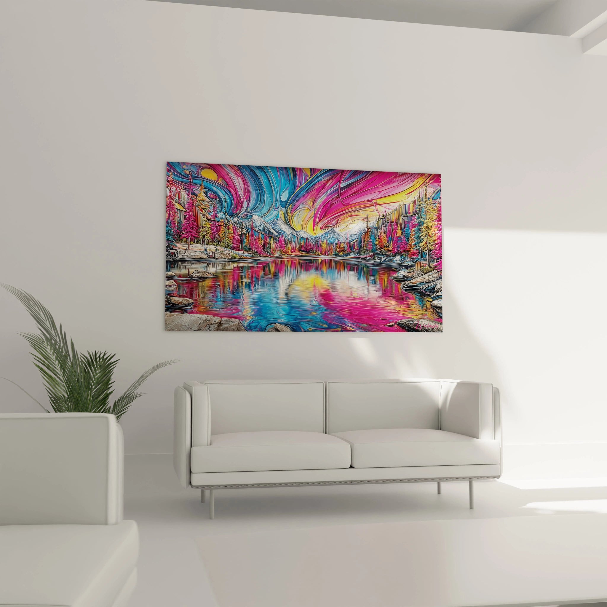 Gros plan détails tableau lac aux reflets colorés montrant technique artistique vibrante