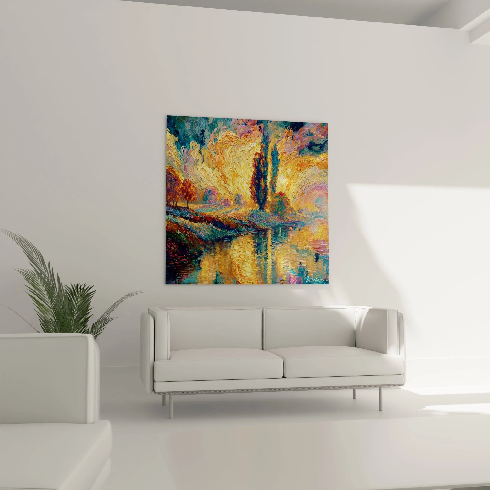 Walensky tableau pointillisme paysage lacustre coloré accroché au dessus d un canapé blanc dans un salon minimaliste