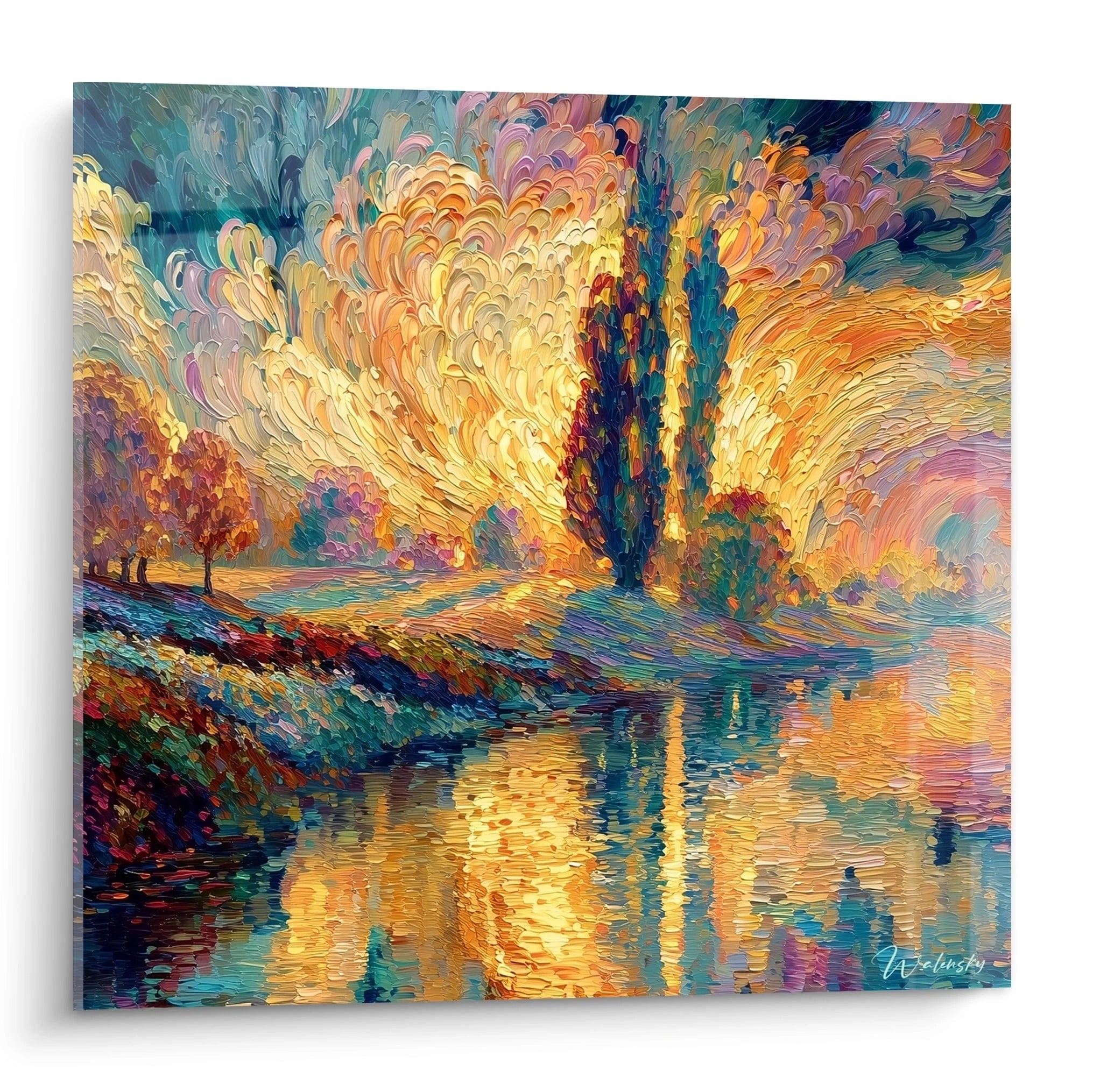 Tableau mural Walensky representant tableau pointillisme paysage lacustre aux couleurs vives et reflets sur l eau