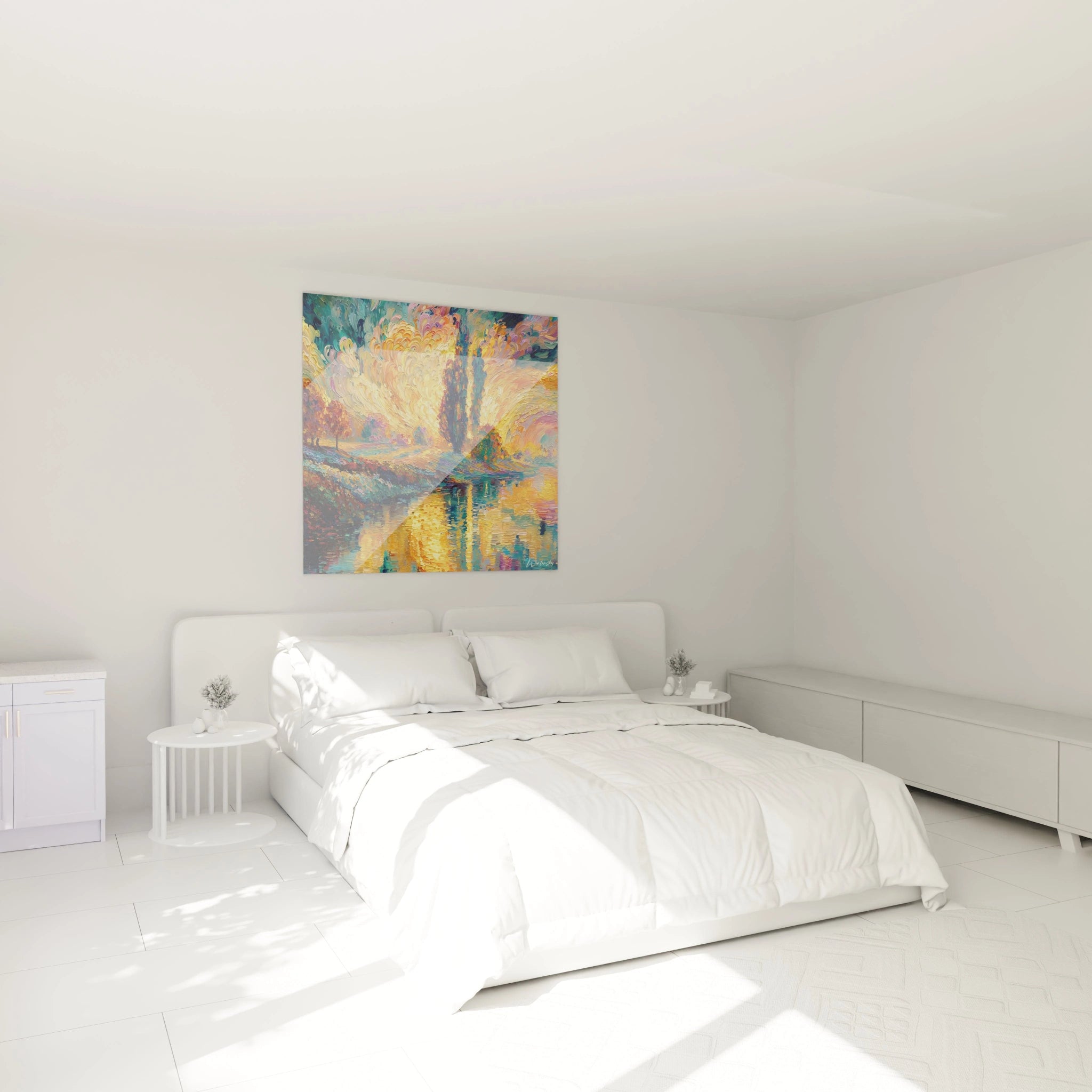 Walensky tableau pointillisme paysage lacustre couleur vive toile carree accrochee au dessus d un lit dans une chambre minimaliste