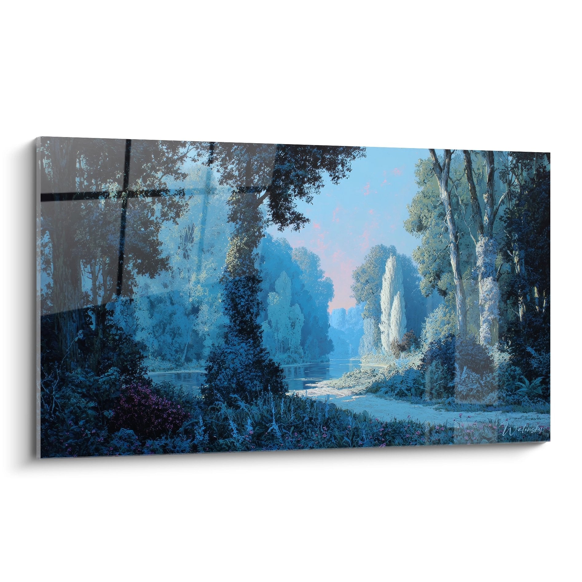 Tableau mural paysage lacustre mystique aux tons bleus avec lac paisible entouré d'arbres majestueux