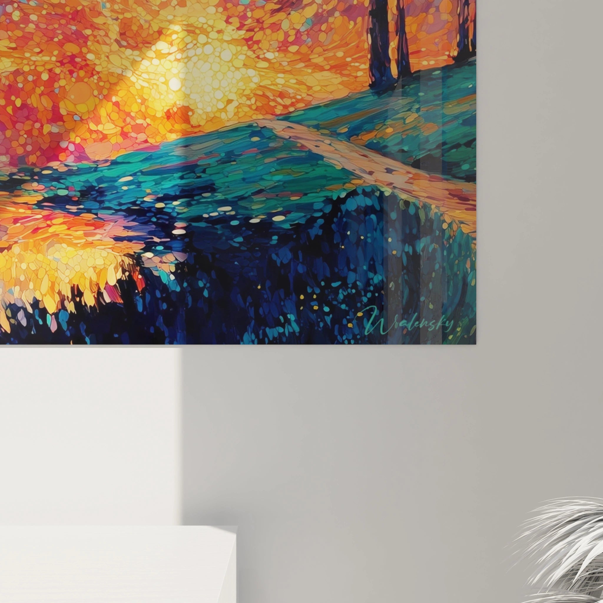 tableau pointillisme paysage Walensky grand format avec coucher de soleil coloré sentier et reflets