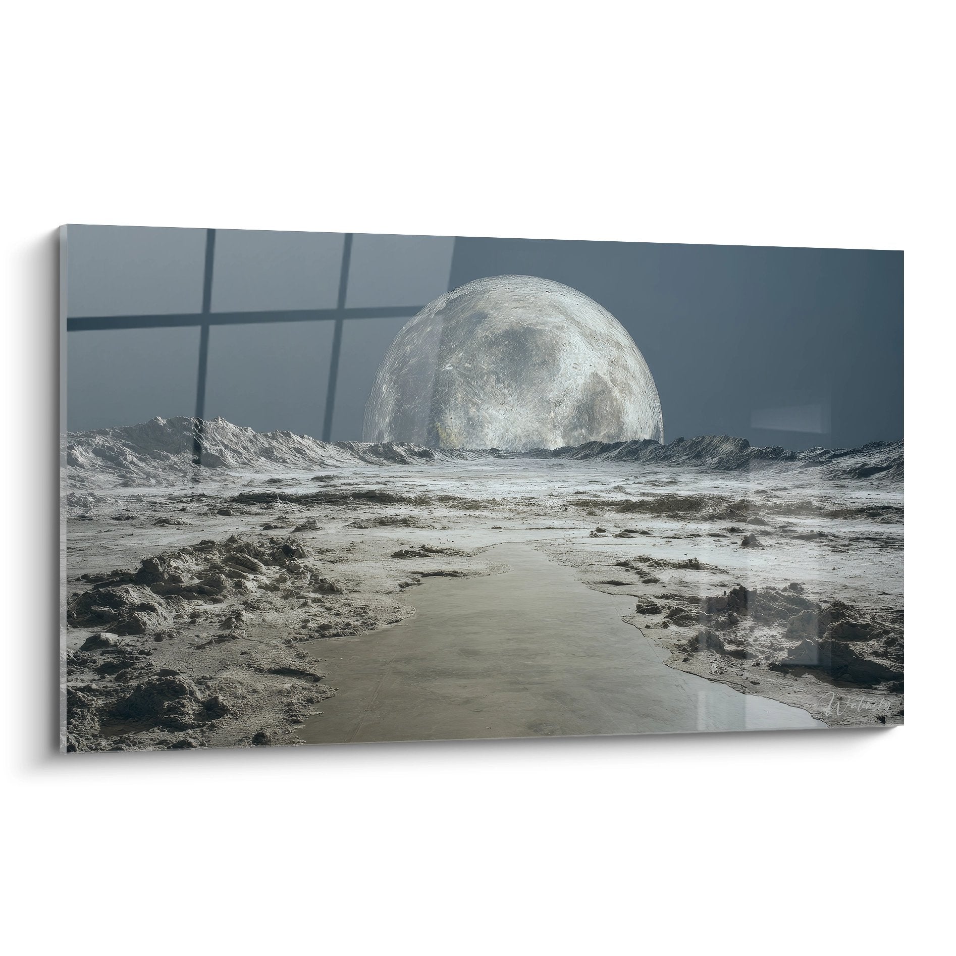 Tableau paysage lunaire futuriste avec lune géante et route mystérieuse - art spatial moderne