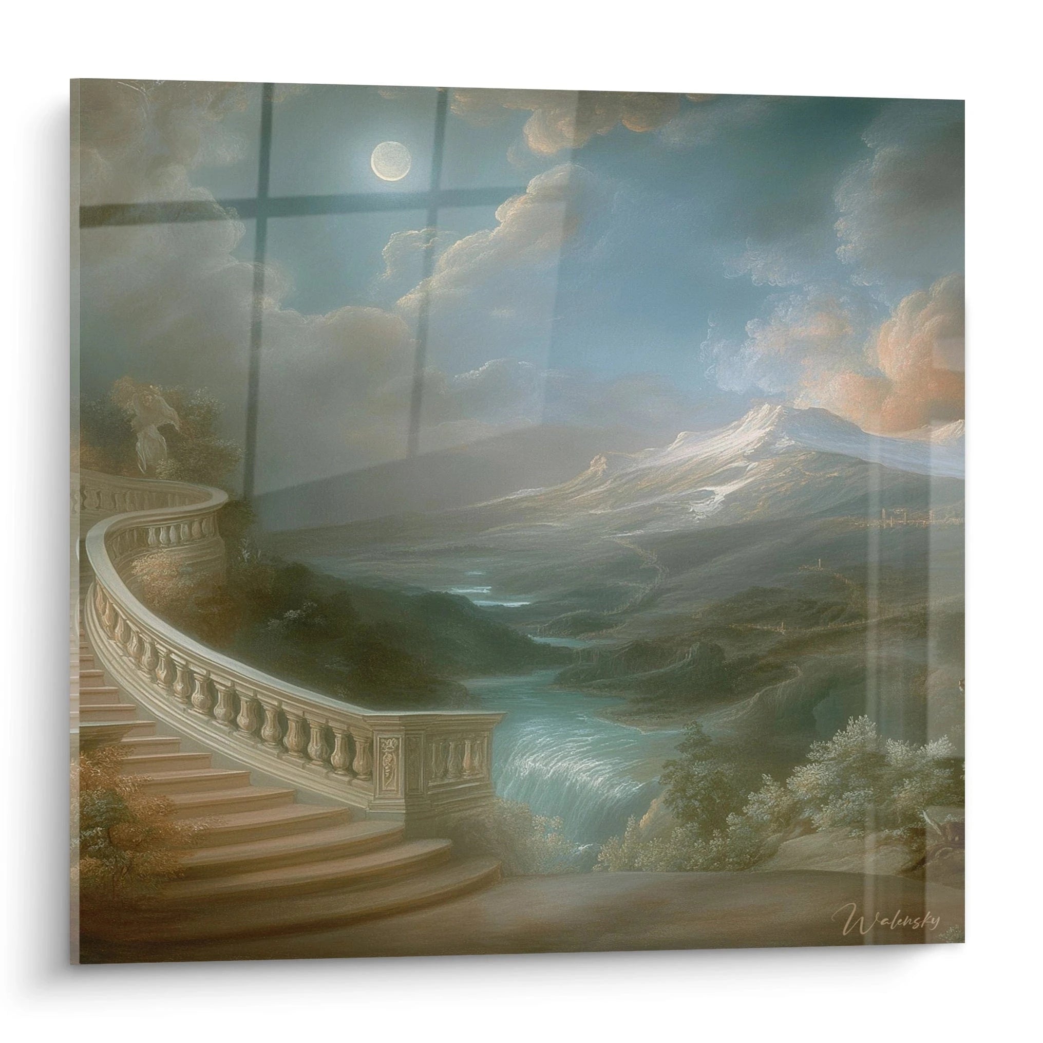 tableau paysage lune argentée Walensky peinture murale balcon en colimaçon rivière montagne au clair de lune