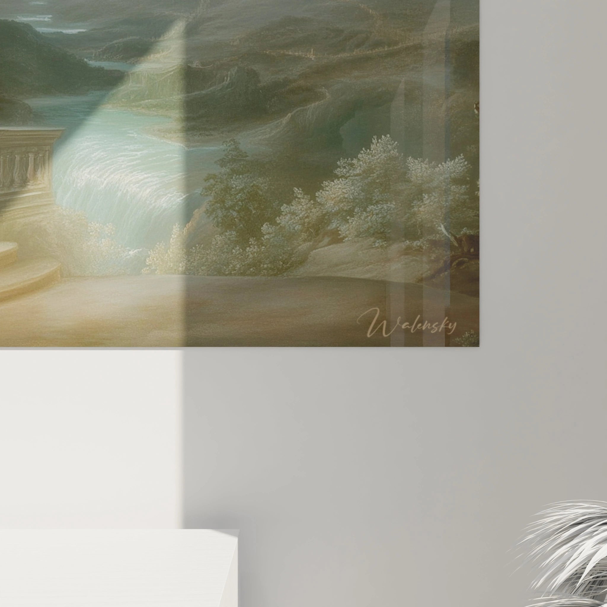 tableau paysage lune argentée Walensky mural montrant balcon en pierre cascade montagnes et arbres