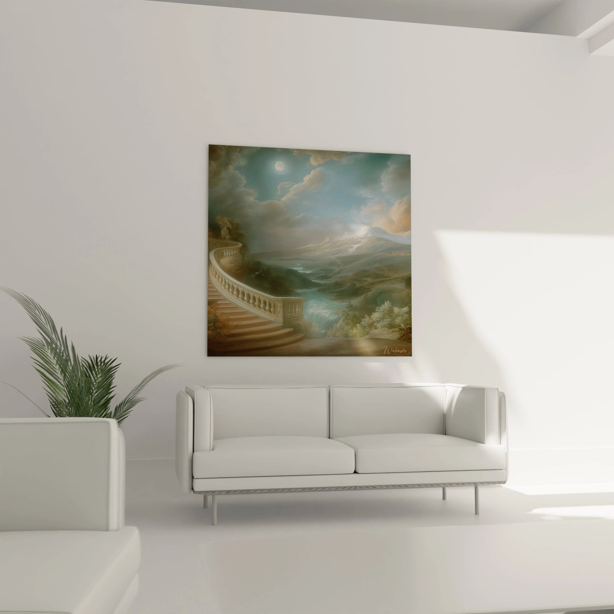 Walensky tableau paysage lune argentée mural montrant un balcon en pierre, mer agitée et ciel lunaire au dessus d'un canapé blanc