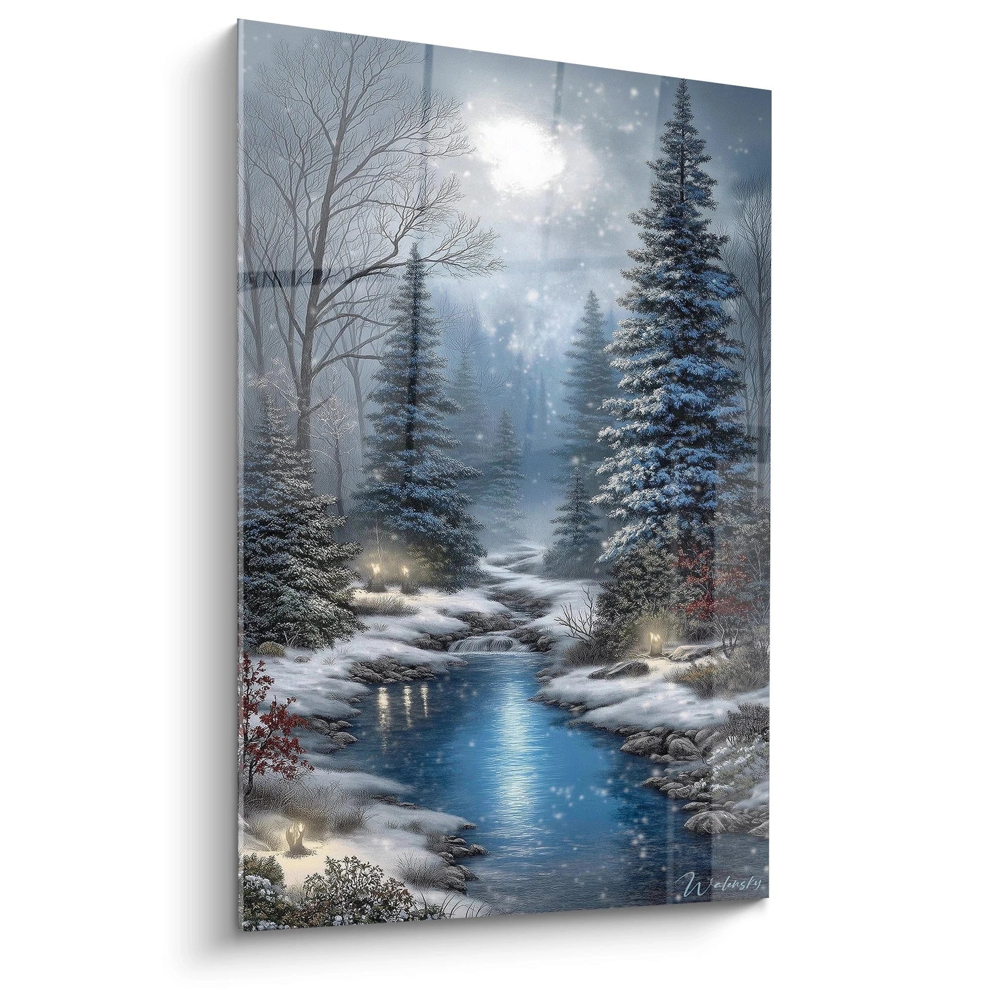 Walensky tableau paysage hivernal nordique représentant une rivière gelée au clair de lune et sapins enneigés