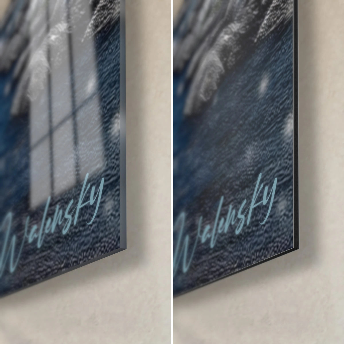 Schilderij winterlandschap in gletsjerblauw en zwart, rechtsonder: glanzend acrylglas links, mat Dibond rechts, rand van 3 mm