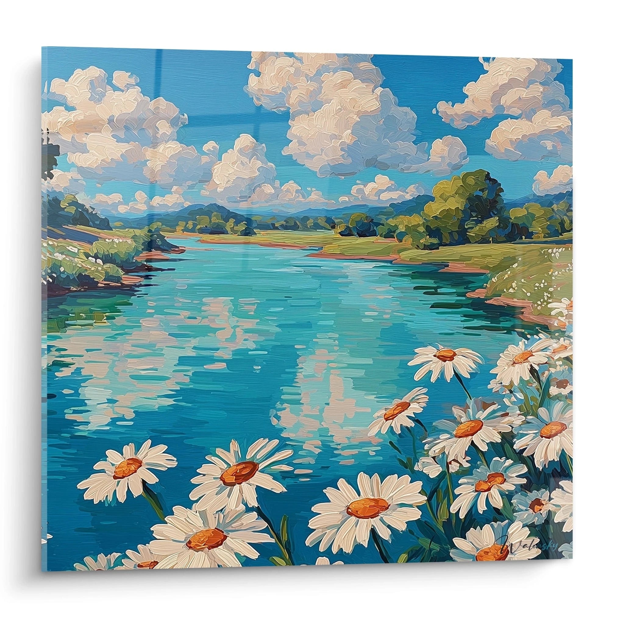 tableau paysage marguerites blanches Walensky peinture murale riviere bleue ciel nuageux et fleurs au premier plan