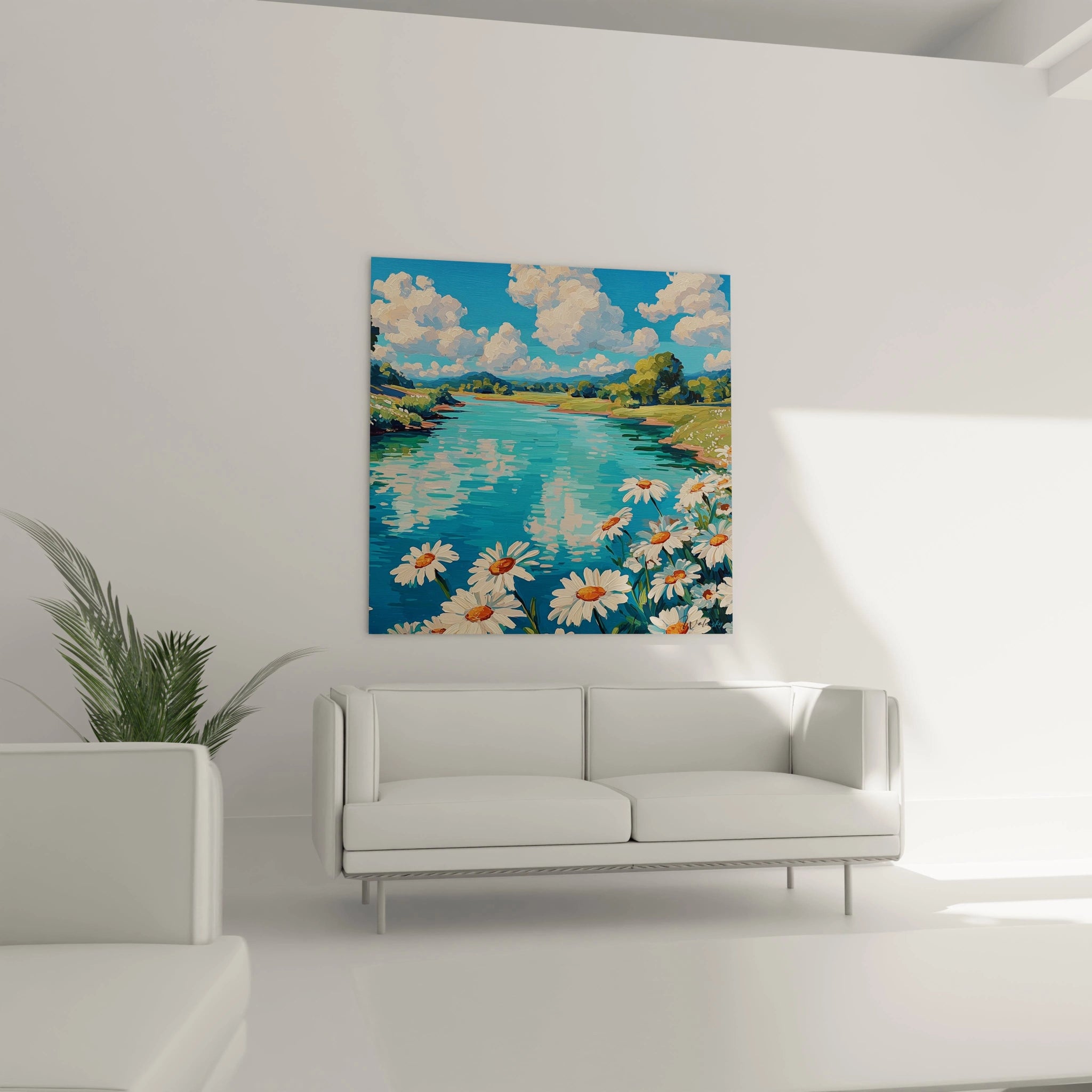 Walensky tableau paysage marguerites blanches au bord d un lac bleu avec ciel nuageux pour décoration salon contemporain