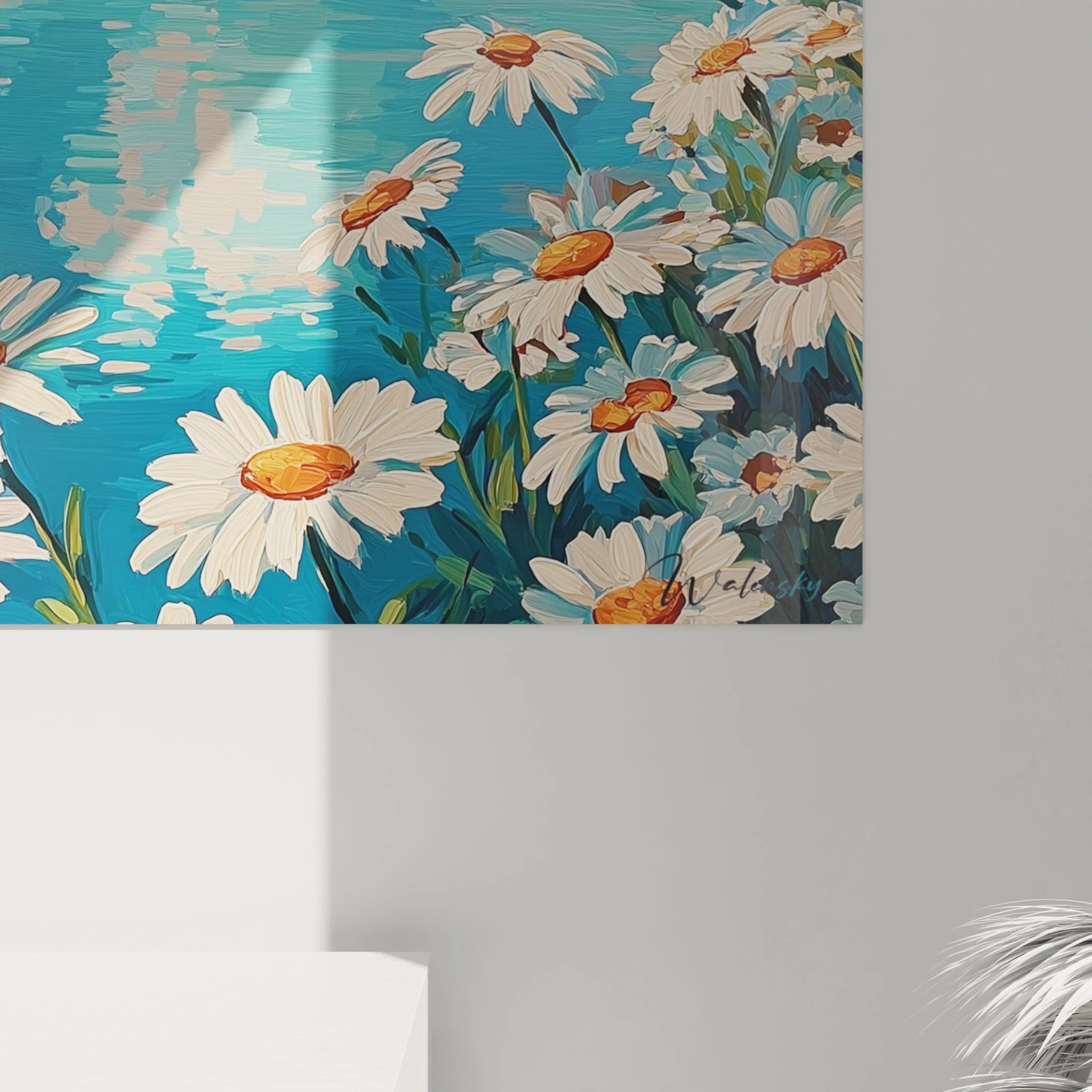 Tableau mural Walensky montrant des marguerites blanches sur fond d eau turquoise tableau paysage marguerites blanches