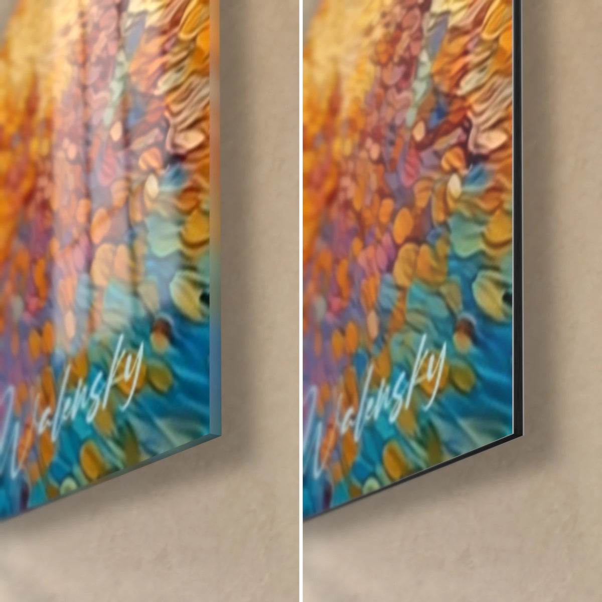 Πίνακας πουαντιλιστικό σύννεφο σε πορτοκαλί και μπλε, κάτω δεξιά γωνία από γυαλιστερό ακρυλικό γυαλί και ματ αλουμίνιο Dibond, πάχος άκρης 3 mm