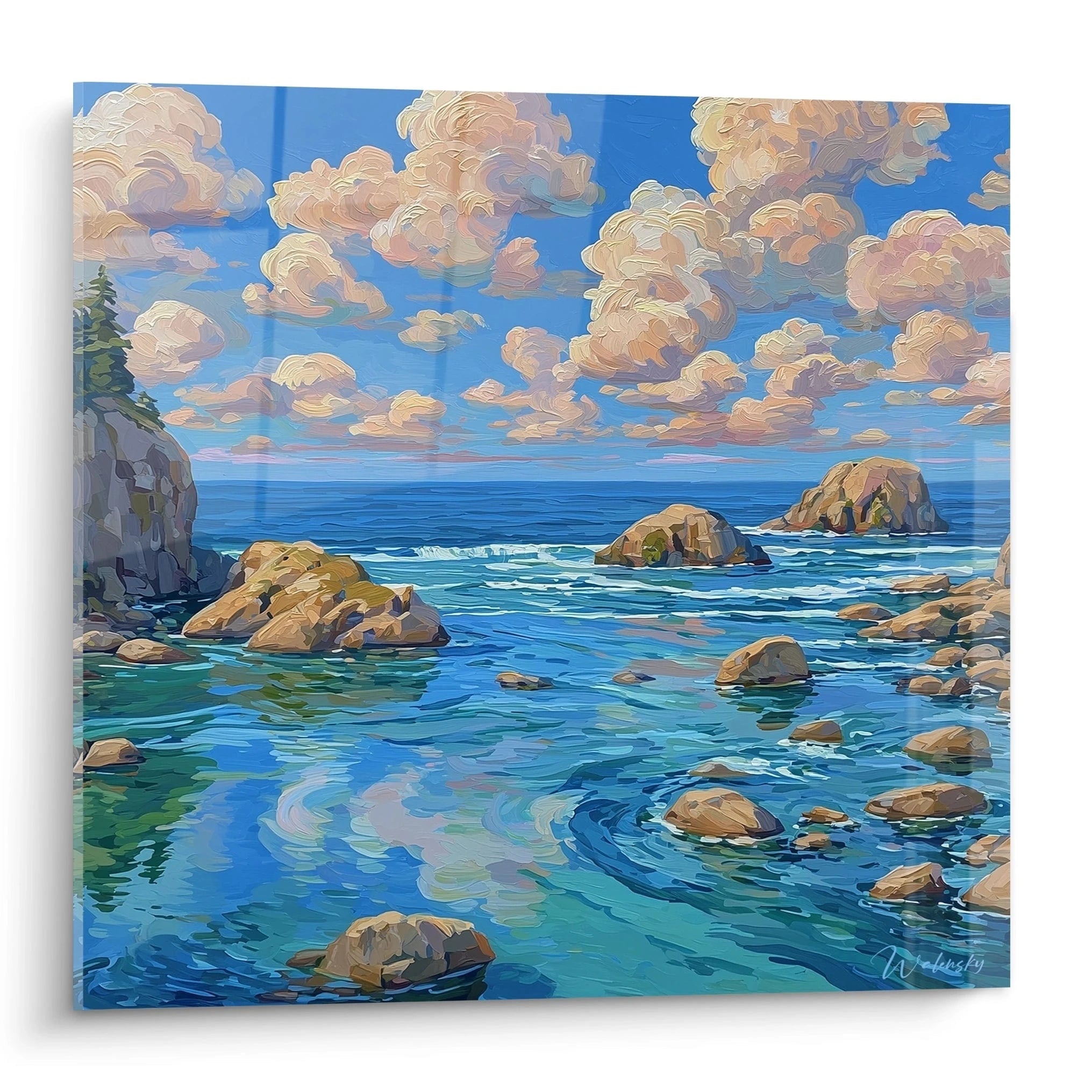 tableau paysage marin Walensky montrant falaise rochers et mer turquoise sous nuages roses