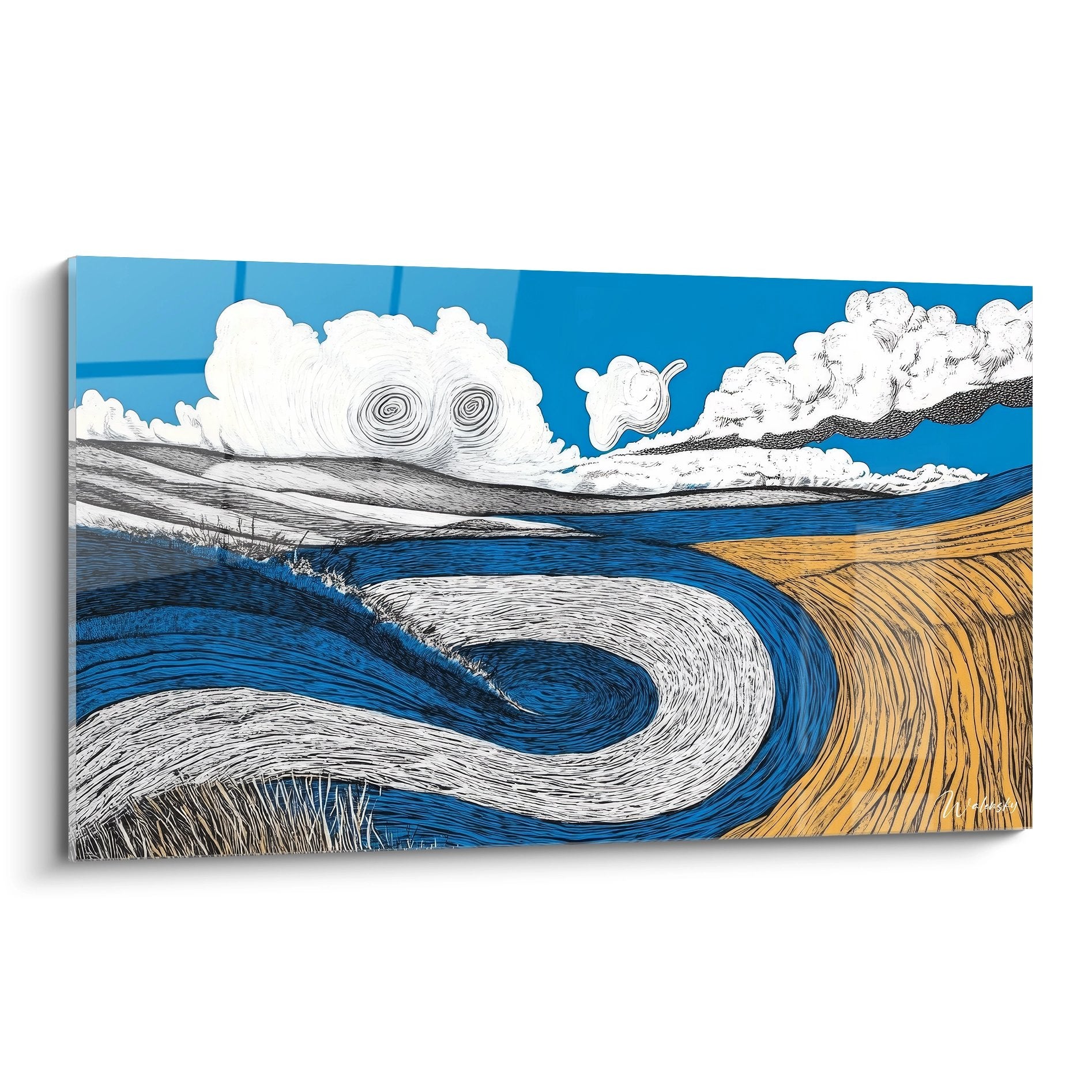 Tableau mural paysage marin abstrait avec spirales océaniques et nuages tourbillonnants bleus