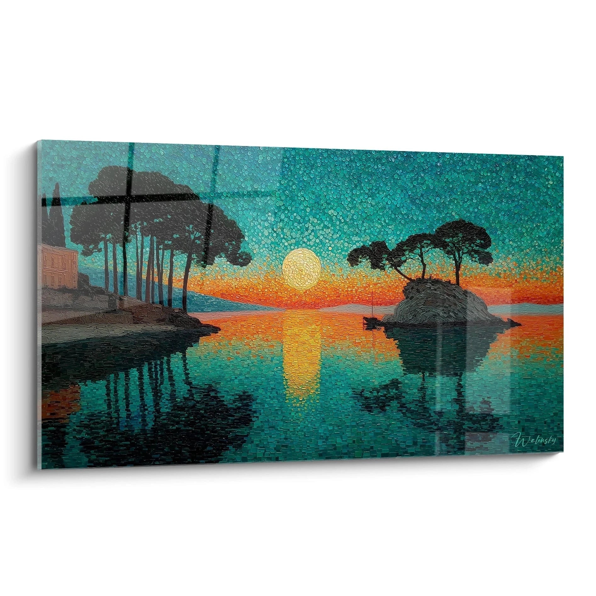Tableau mural Walensky tableau paysage maritime pointillisme montrant une île et des pins au coucher de soleil reflet sur l eau