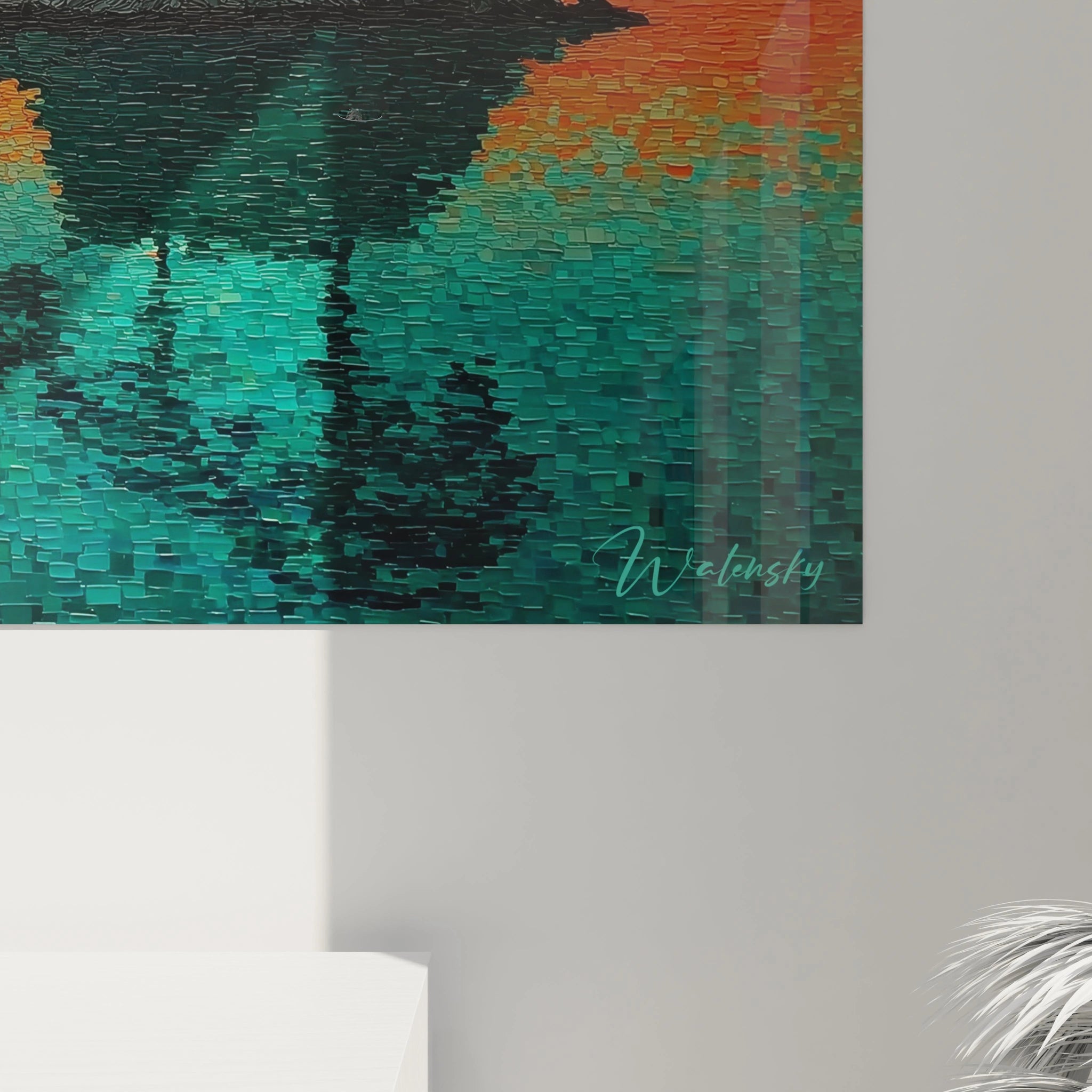 Tableau mural Walensky tableau paysage maritime pointillisme abstrait turquoise et or accroché sur mur blanc