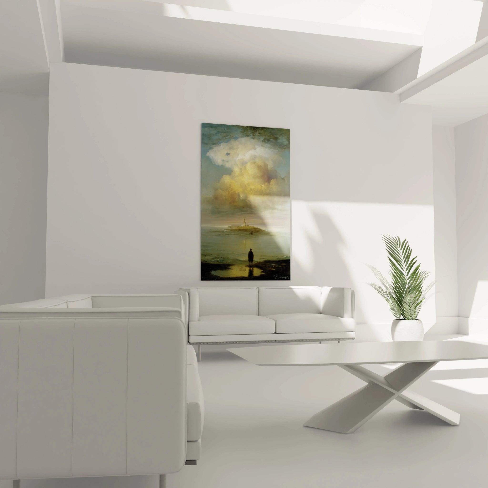 Walensky tableau mural présentant un tableau paysage maritime romantique vertical avec silhouette contemplant phare et voilier