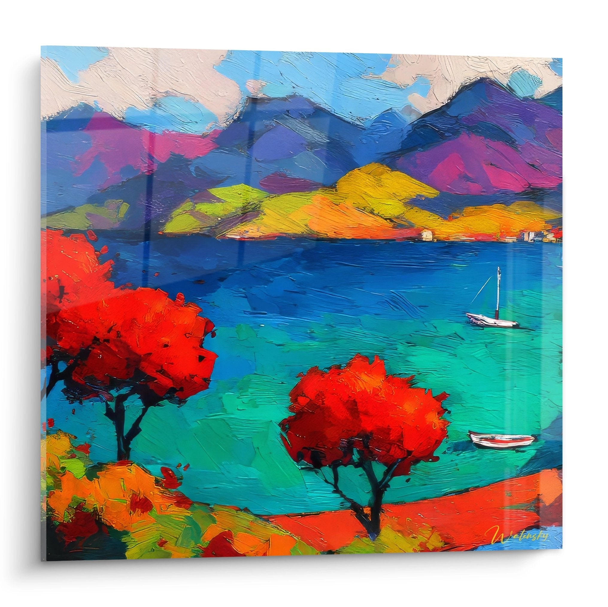 Tableau paysage méditerranéen coloré avec baie turquoise, montagnes violettes et arbres rouges - art bord de mer