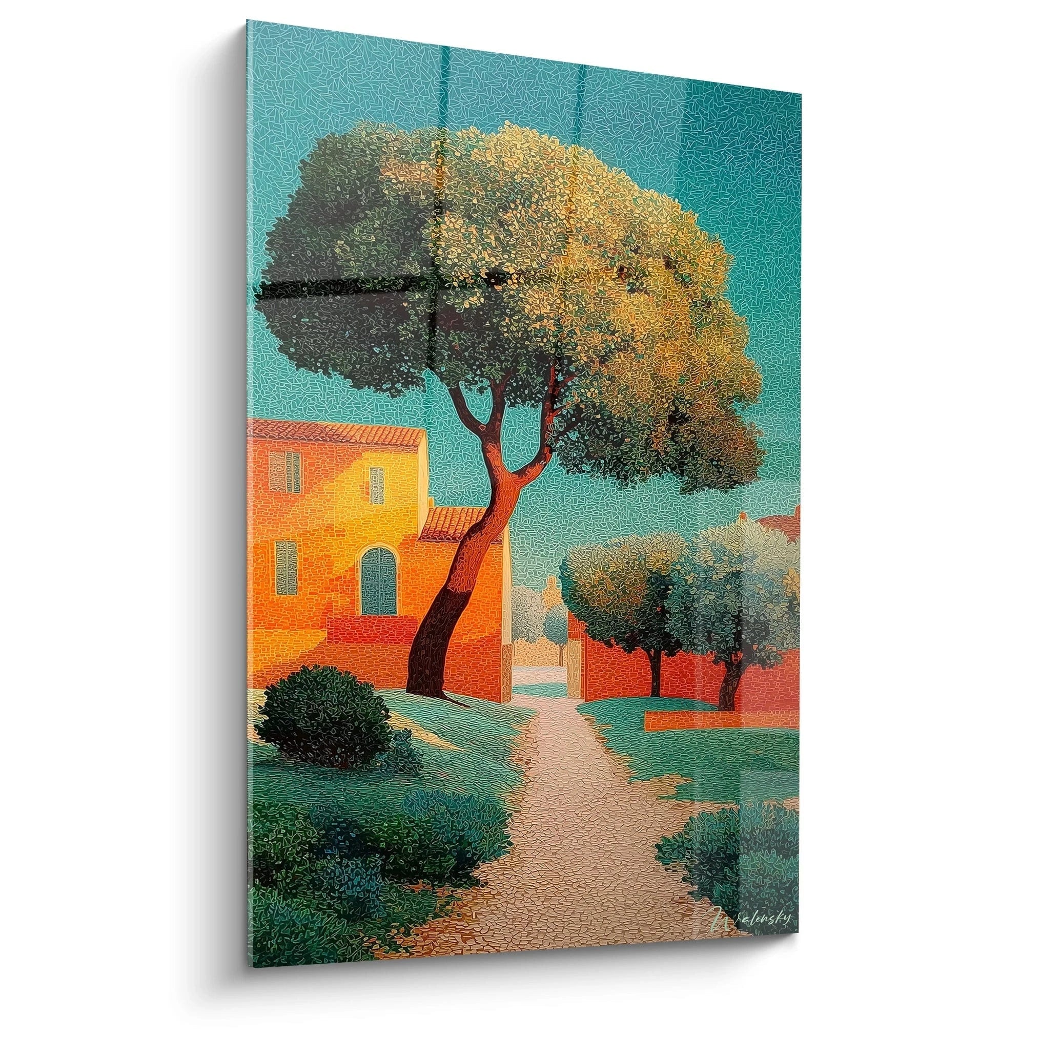 Walensky tableau paysage méditerranéen pointillisme montrant chemin en gravier maisons ocres et arbres verdoyants