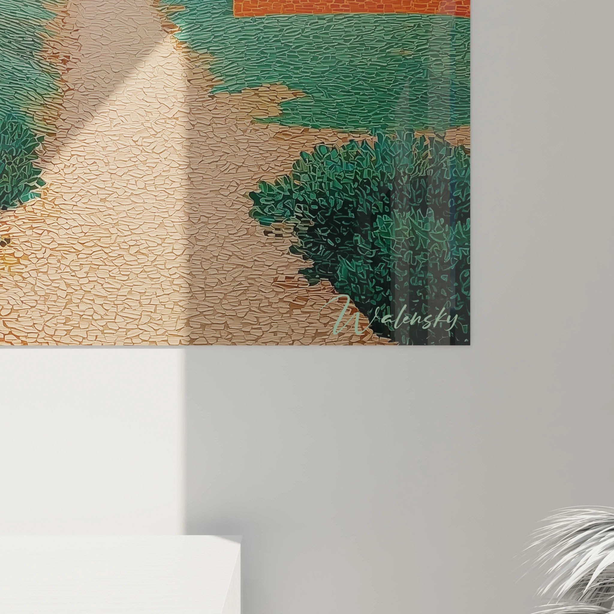 Tableau mural Walensky tableau paysage méditerranéen pointillisme mer et coucher de soleil textures épaisses sur mur gris