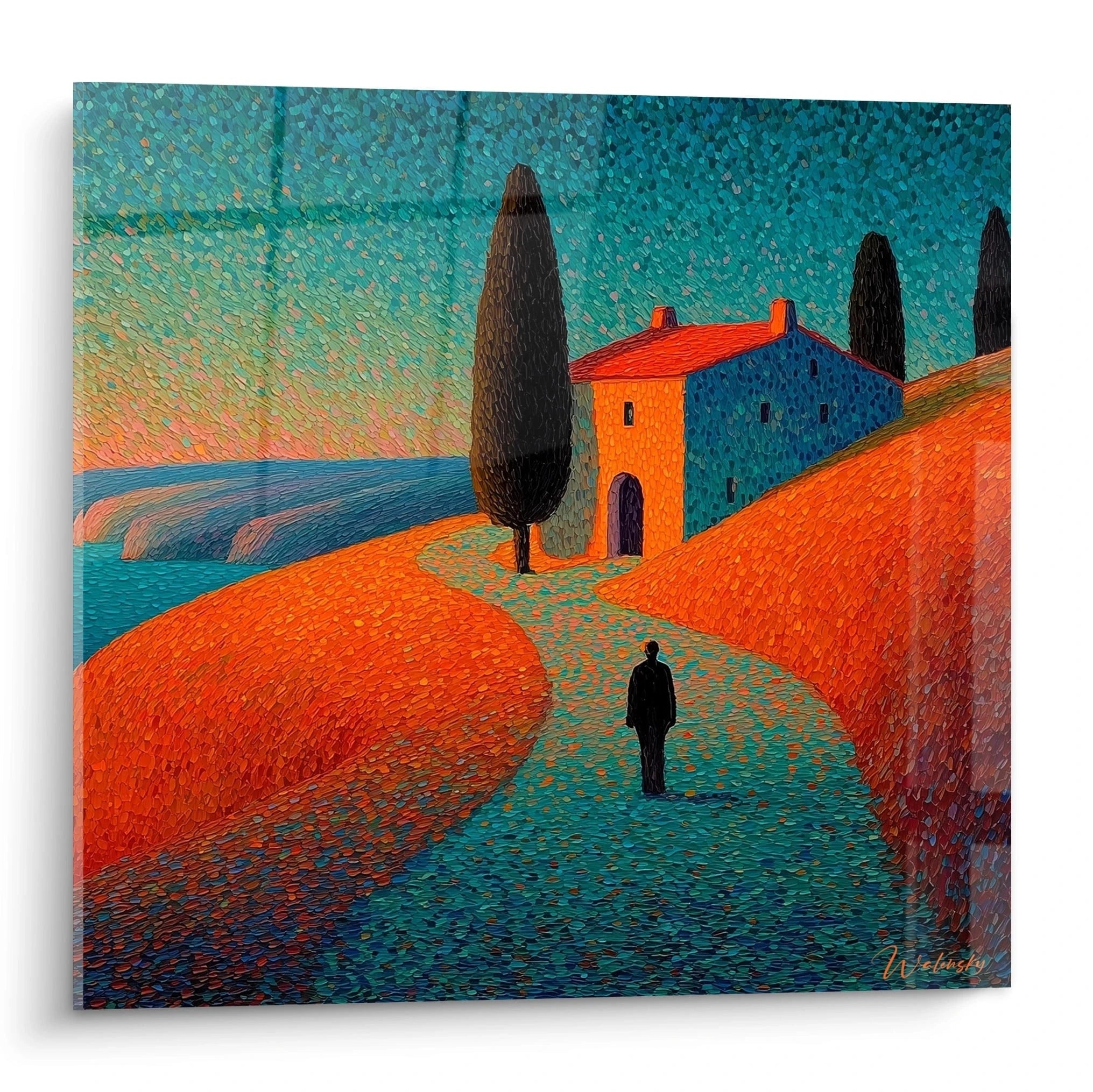 Tableau pointillisme paysage méditerranéen Walensky tableau mural coloré chemin côtier et maison