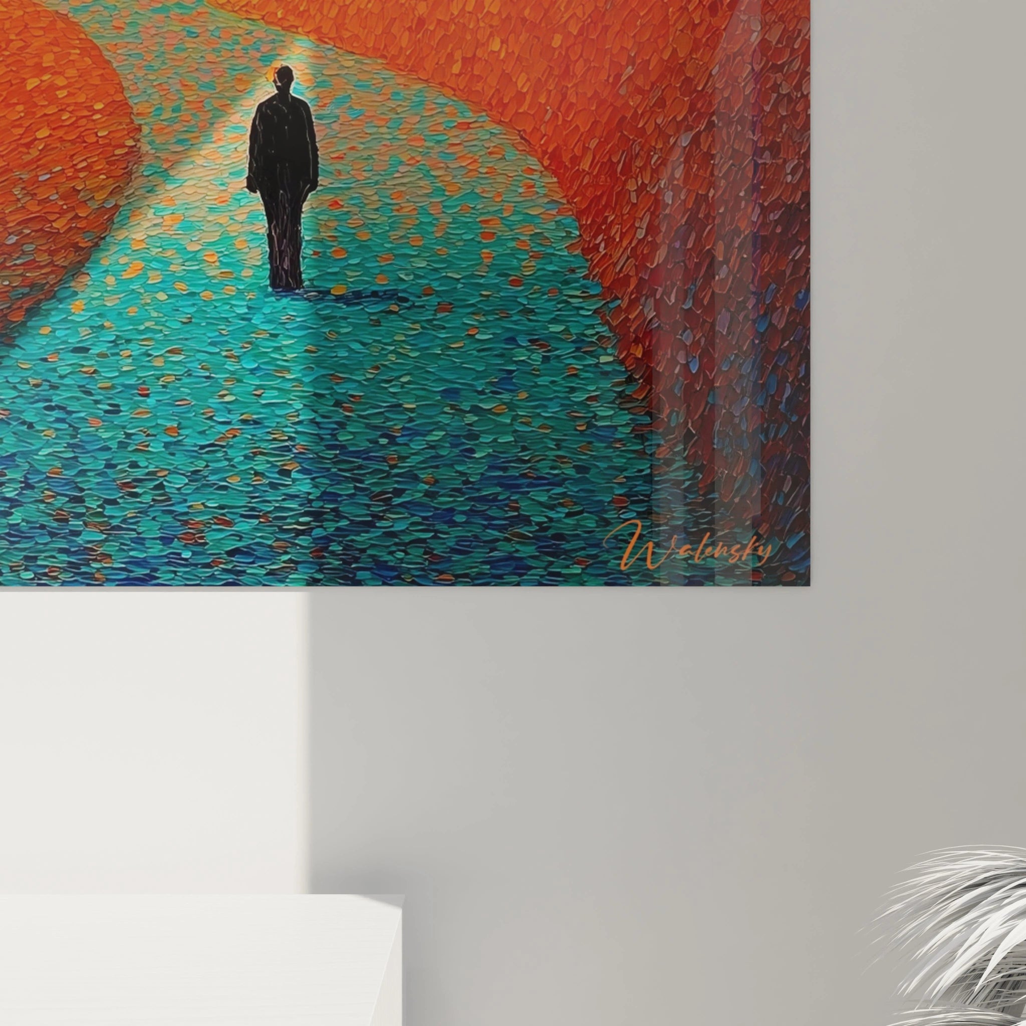 Tableau pointillisme paysage méditerranéen Walensky montrant une silhouette marchant sur un sentier turquoise entre murs orange