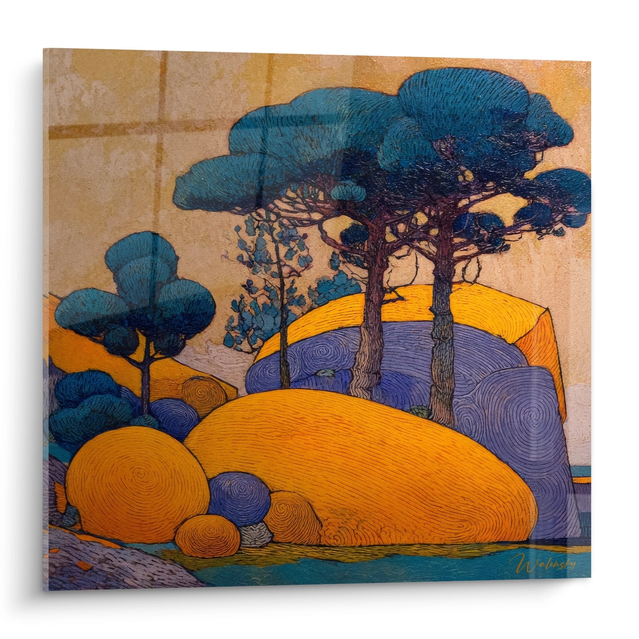 Tableau paysage méditerranéen stylisé collines dorées pins parasols bleus art mural décoratif moderne