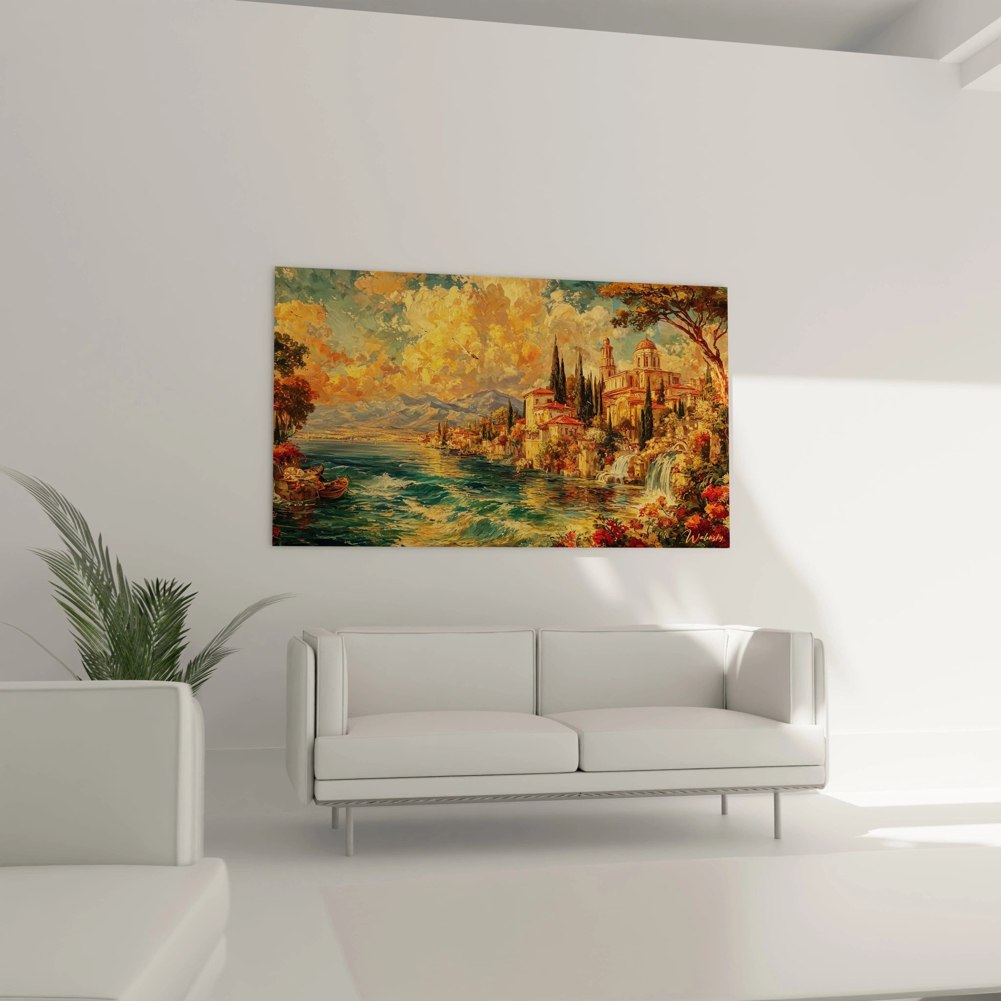 tableau paysage méditerranéen Walensky peinture murale village côtier coloré aux tons chauds pour salon moderne