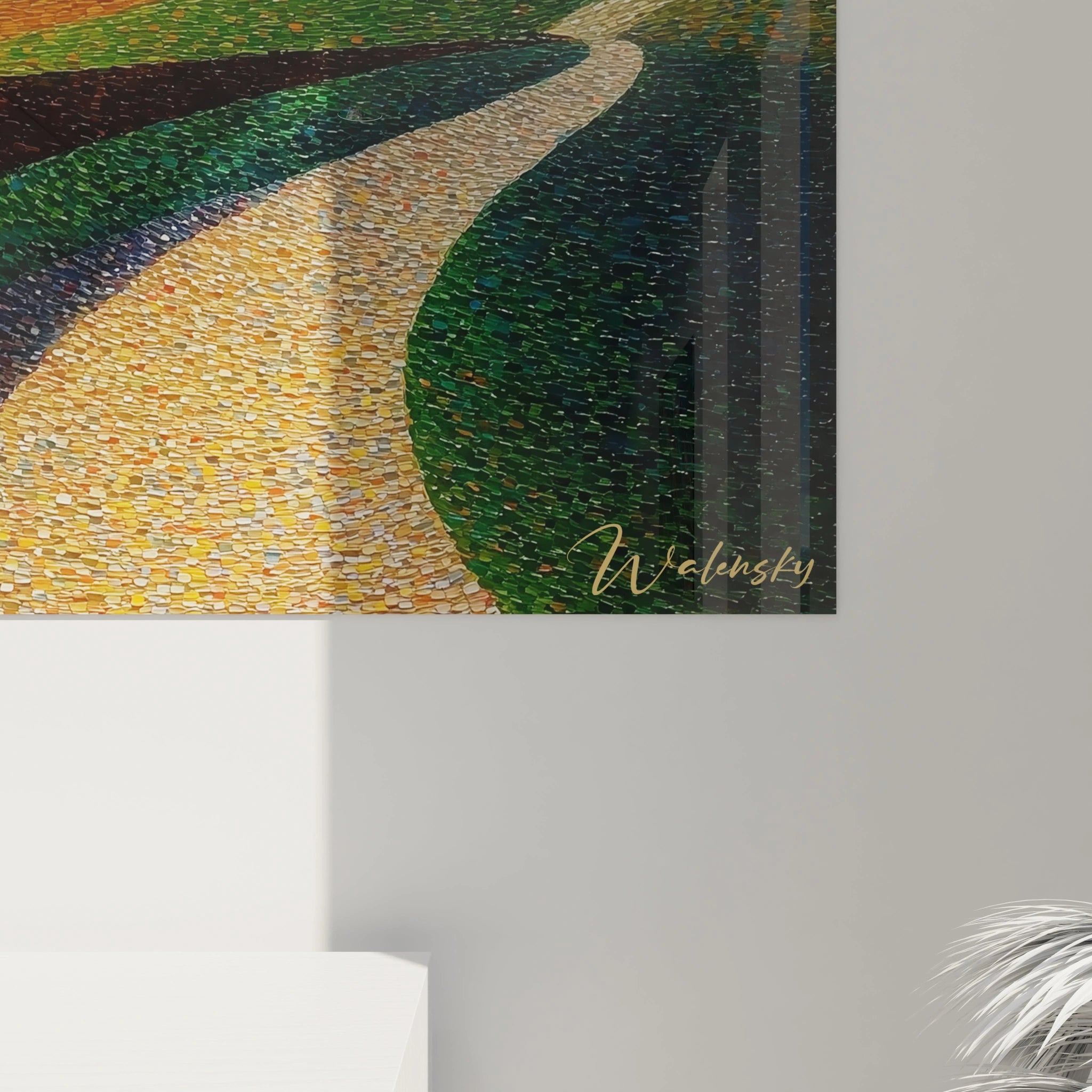 Tableau mural Walensky montrant chemin jaune sinueux et verts mosaïques, tableau paysage méditerranéen pointillisme