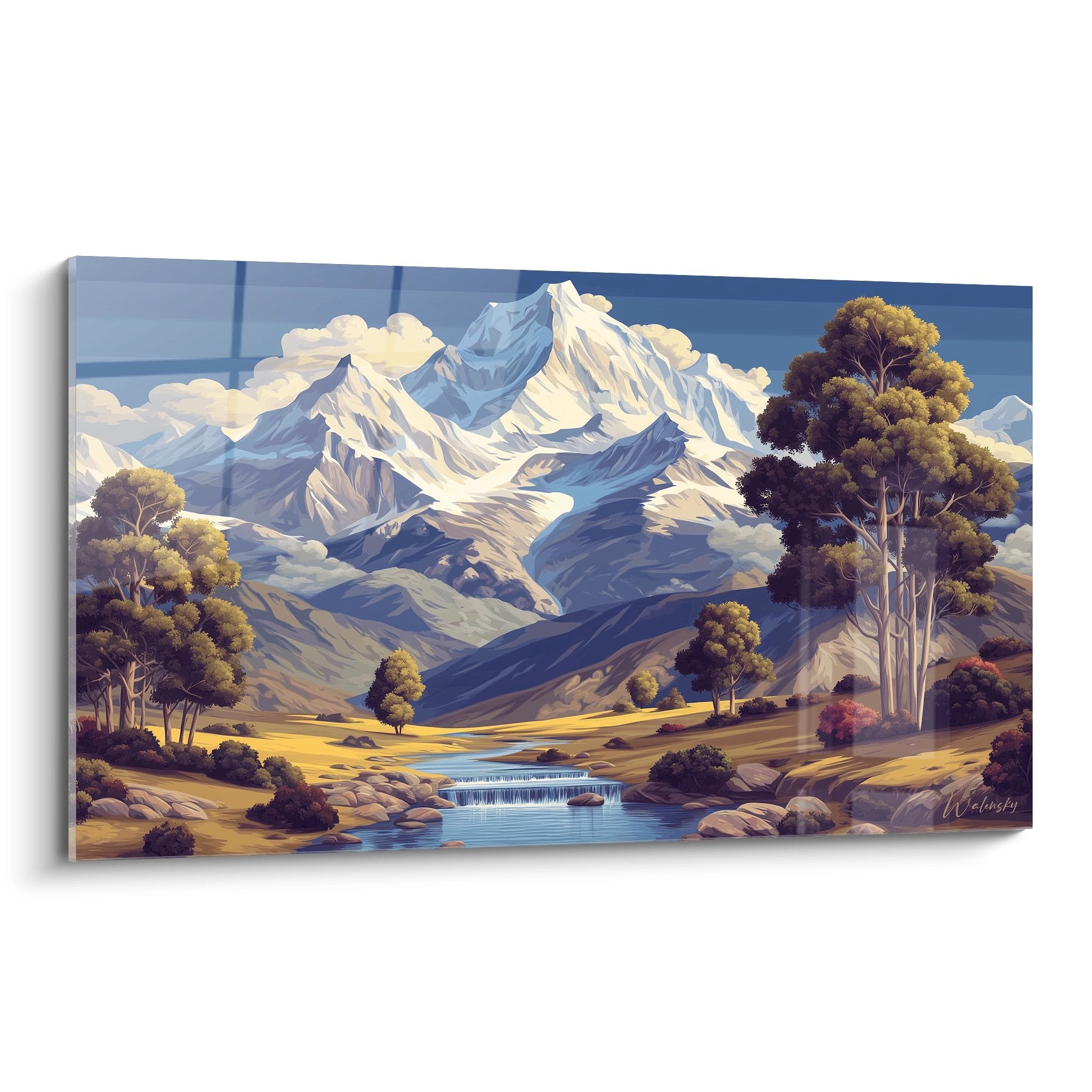 Tableau paysage montagne alpine avec rivière et sommets enneigés, décoration murale nature