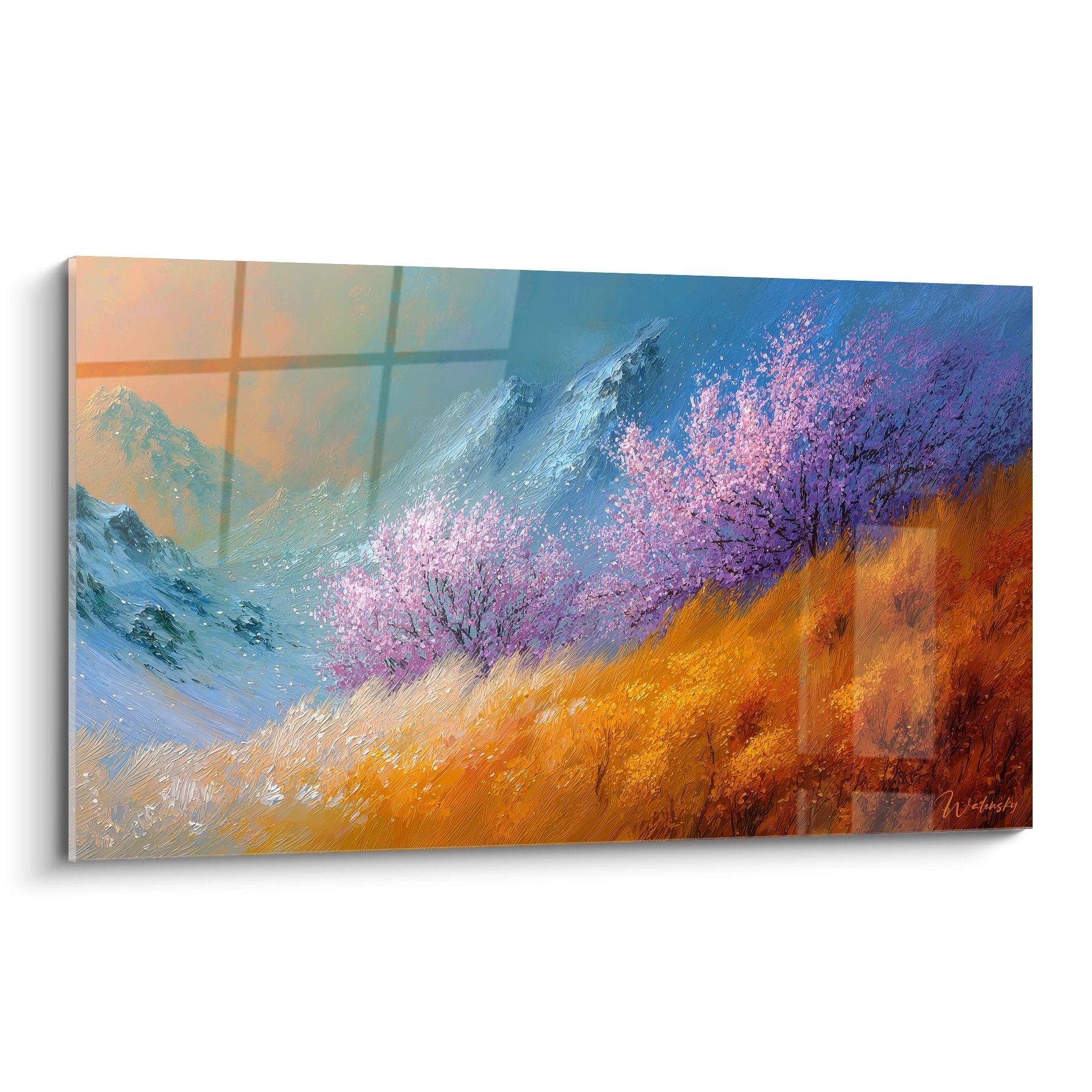Tableau mural paysage montagnard avec cerisiers roses en fleurs et montagnes enneigées bleutées