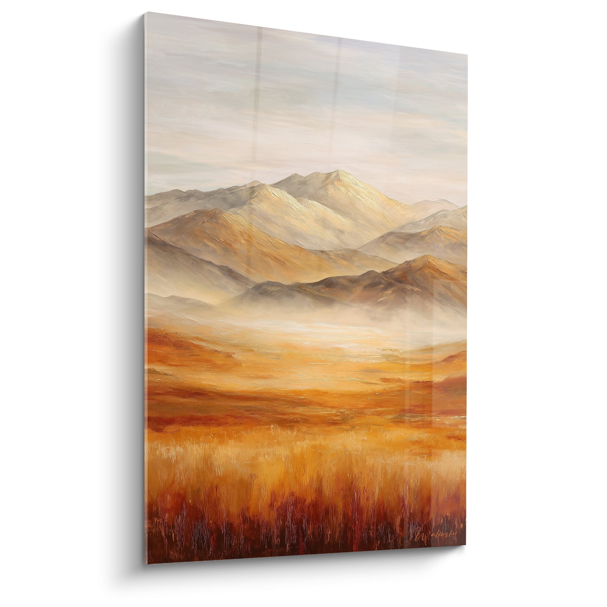 Tableau paysage montagneux tons dores oranges feng shui centre terre prairie cuivree sommets brume