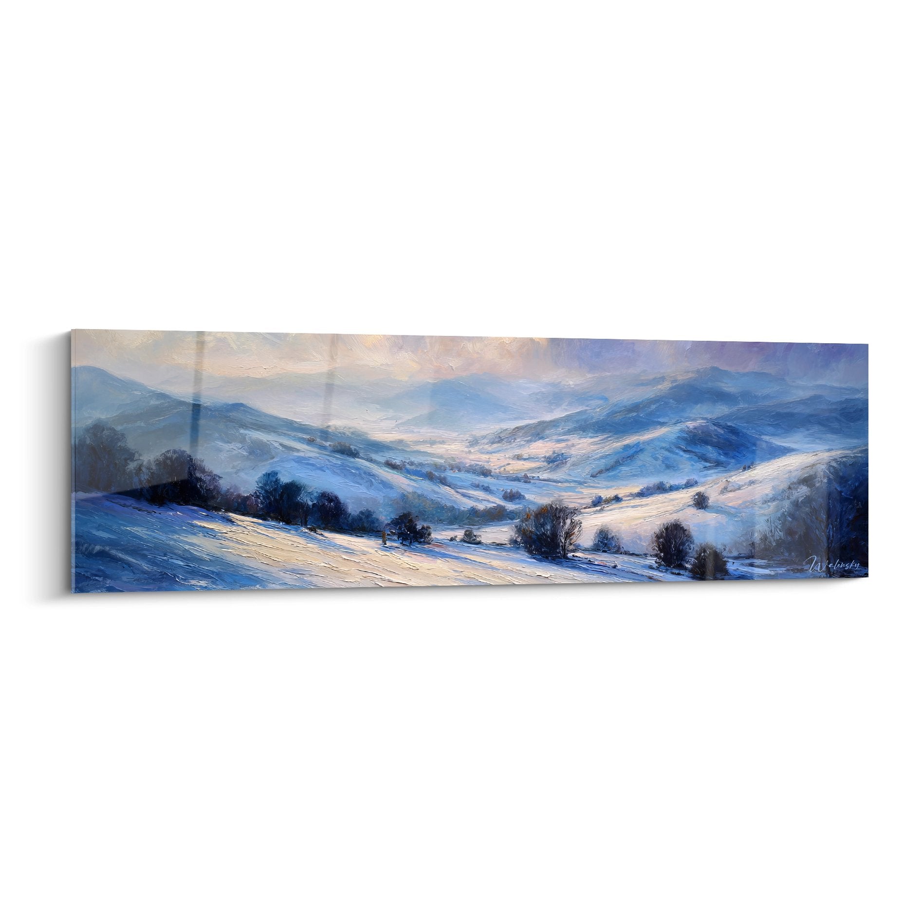 Tableau mural paysage montagne hiver vallée enneigée panoramique bleu doré décoration