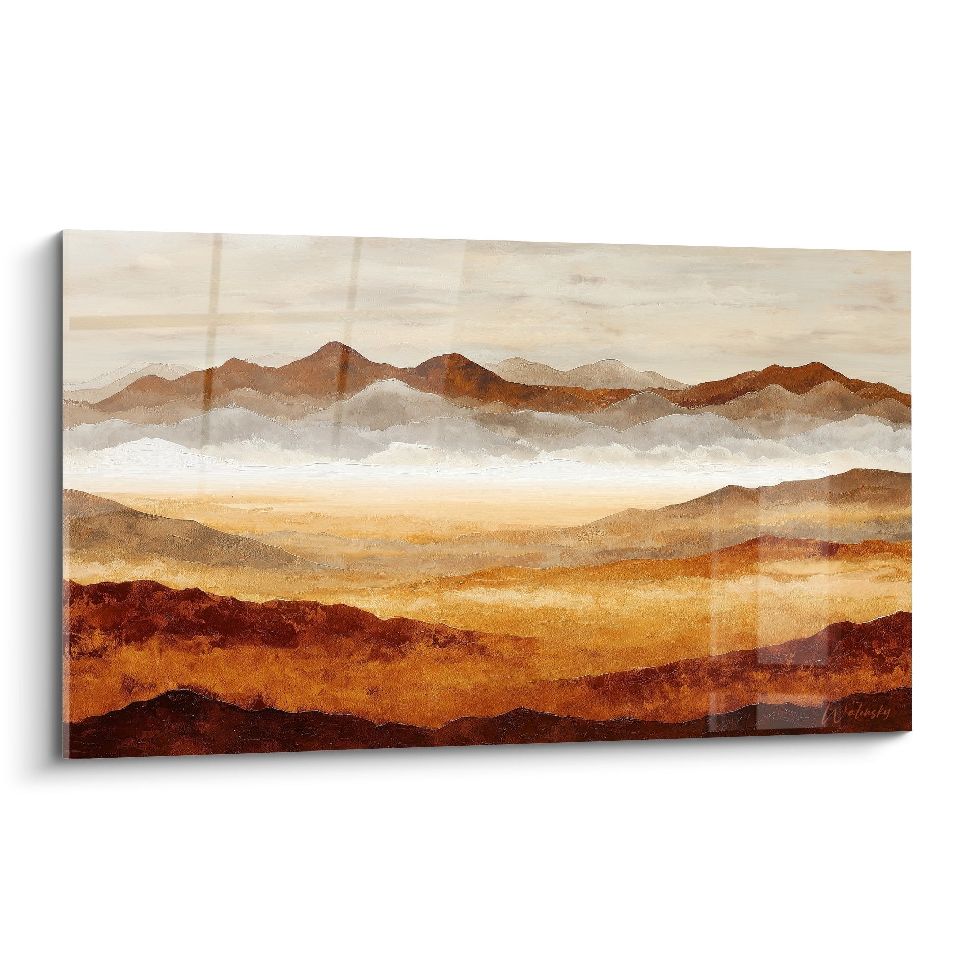 Tableau paysage montagneux tons ocre beige brume feng shui centre terre decoration murale